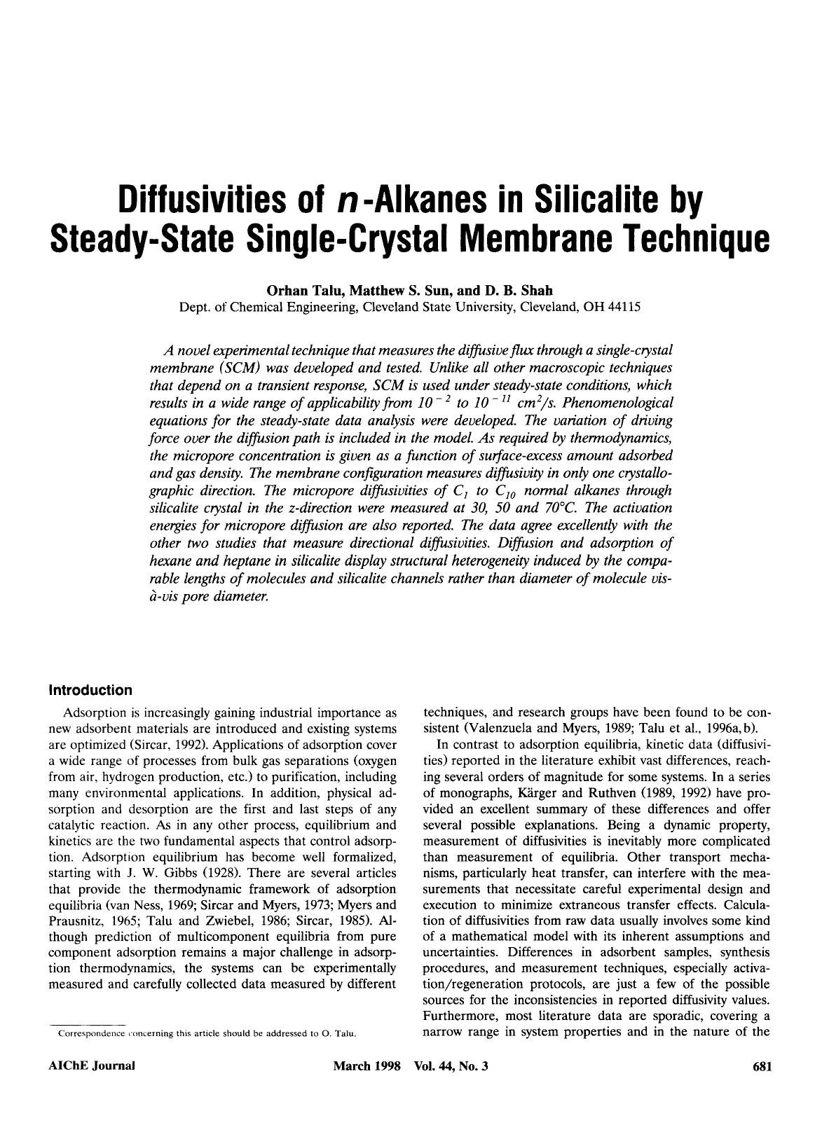 Diffusivities of n-alkanes in silicalite by steady-state single-crystal membrane technique by Unknown