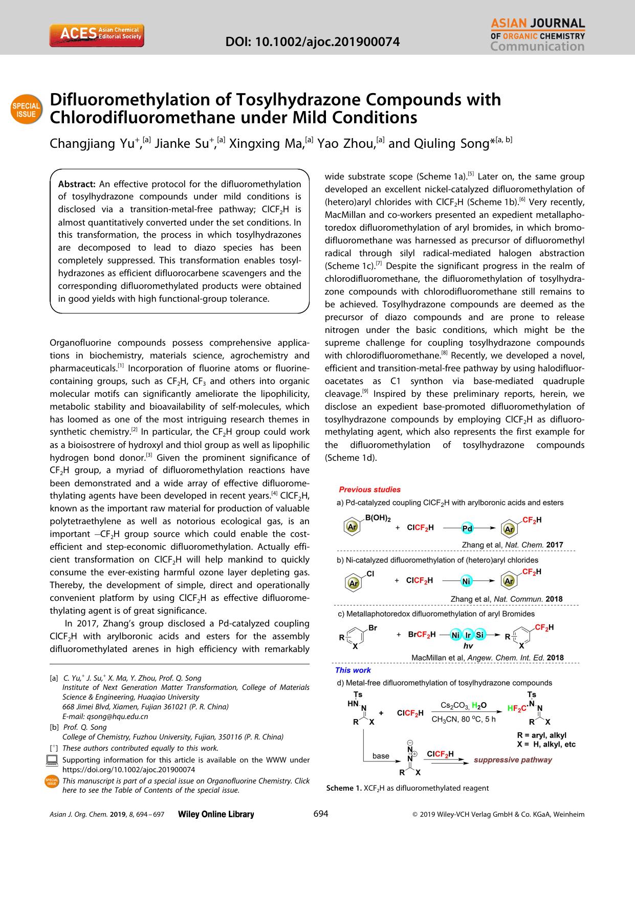 Difluoromethylation of Tosylhydrazone Compounds with Chlorodifluoromethane under Mild Conditions by Unknown