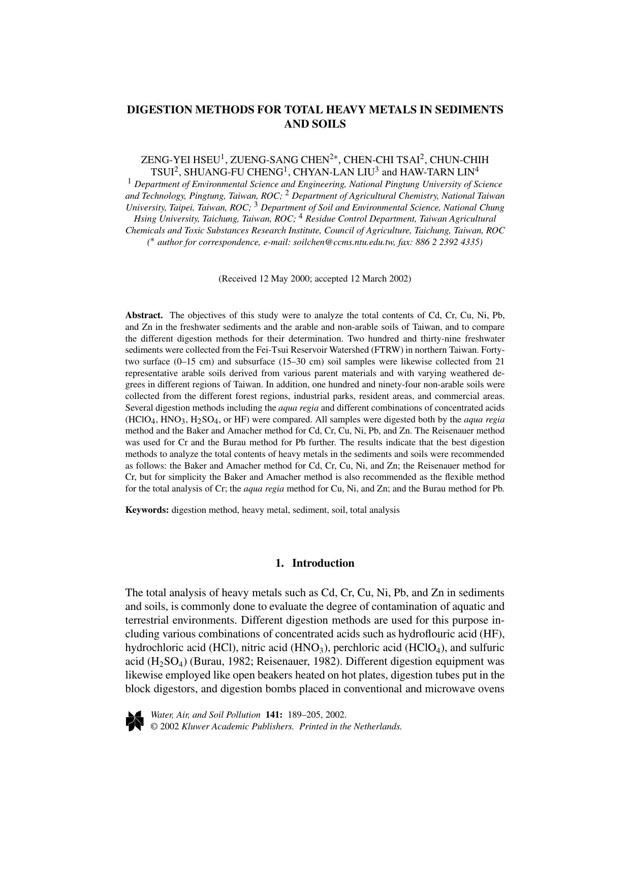 Digestion Methods for Total Heavy Metals in Sediments and Soils by Unknown