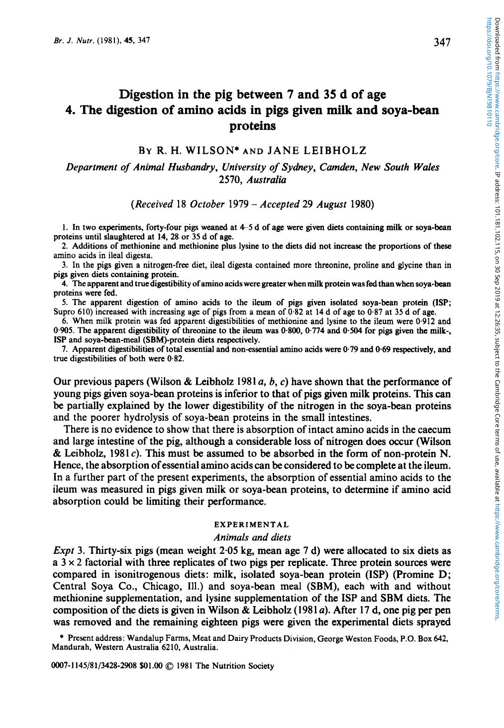 Digestion in the pig between 7 and 35 d of age by R. H. Wilson & Jane Leibholz