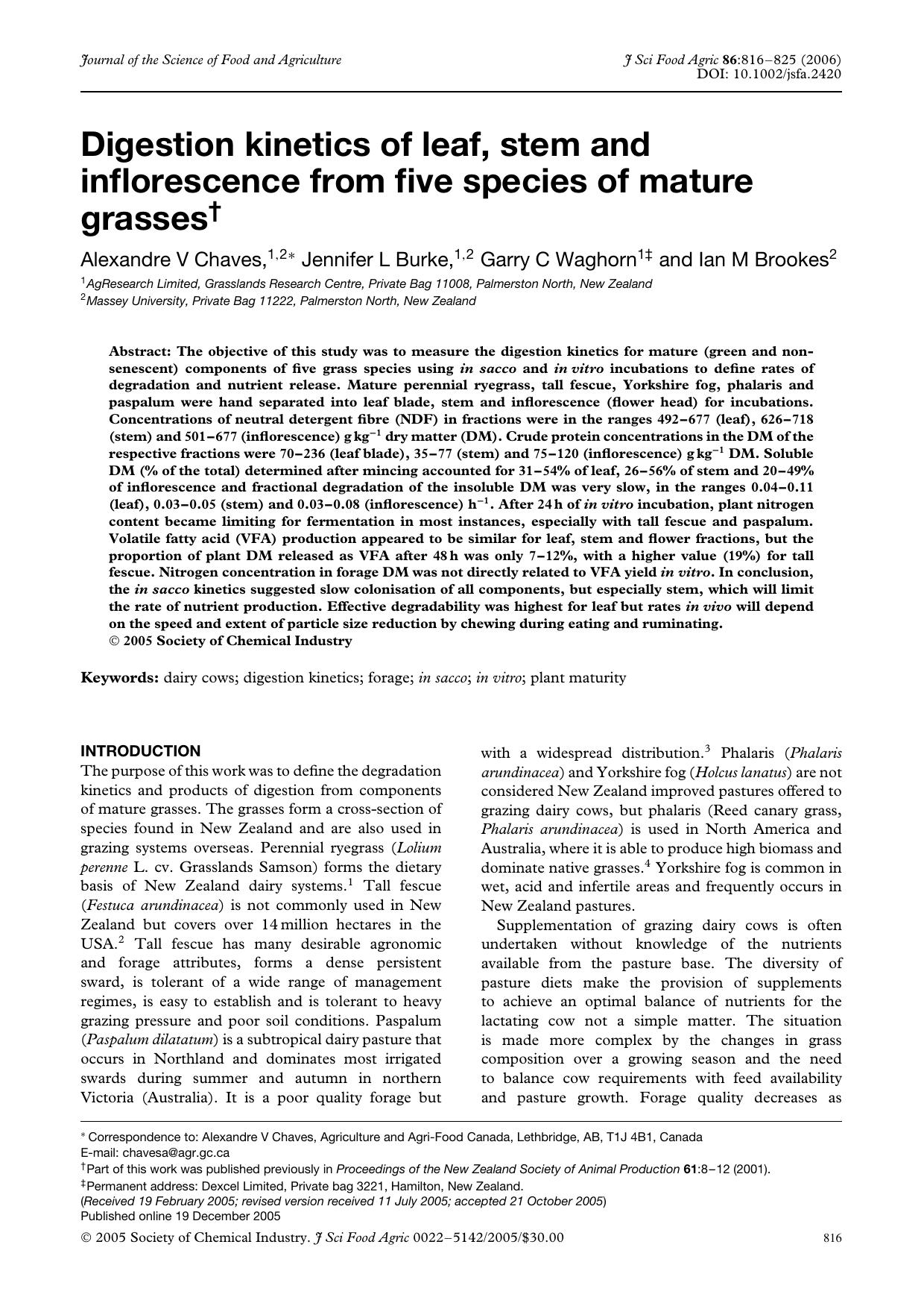Digestion kinetics of leaf, stem and inflorescence from five species of mature grasses by Unknown