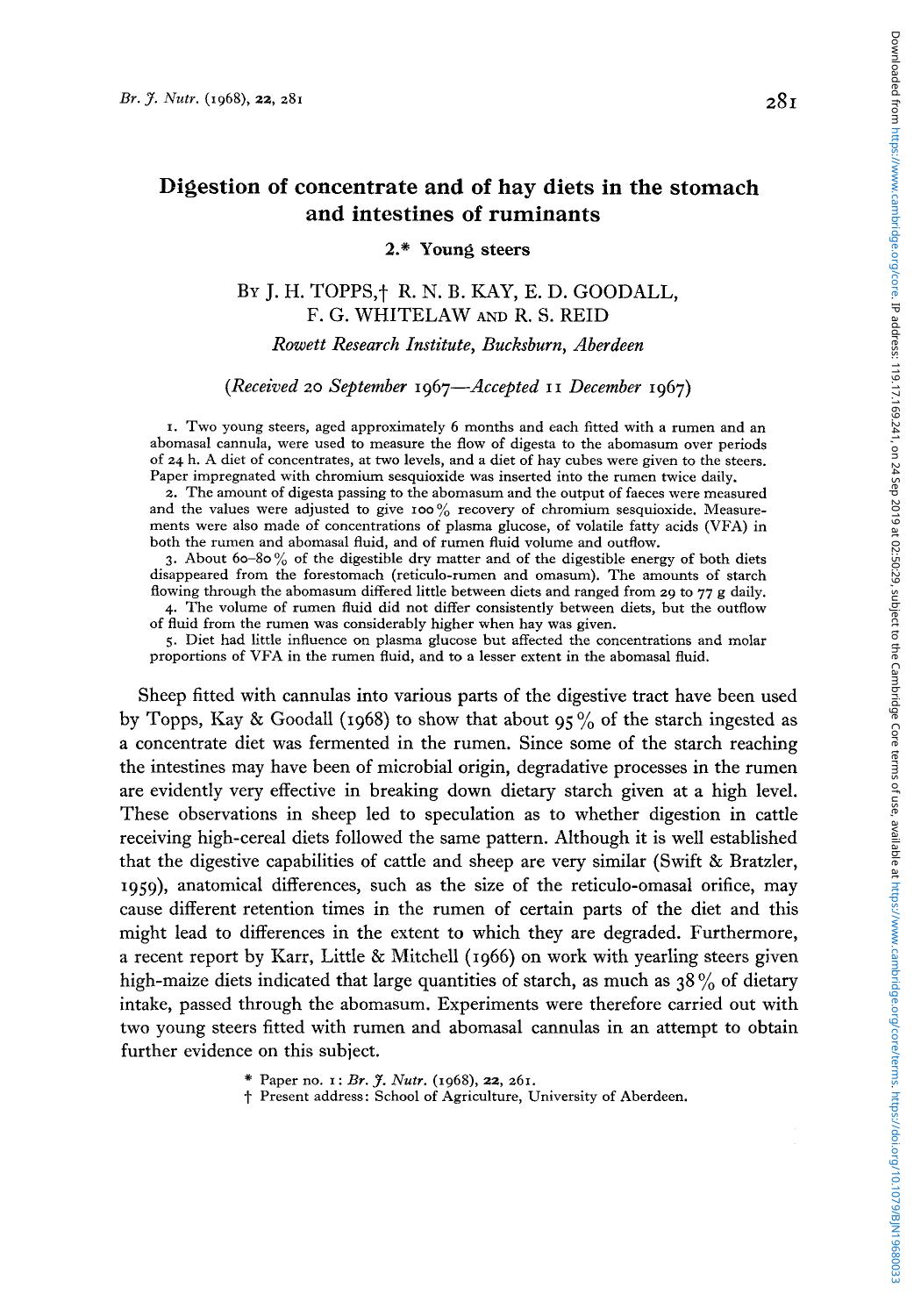 Digestion of concentrate and of hay diets in the stomach and intestines of ruminants by J. H. Topps R. N. B. Kay E. D. Goodall F. G. Whitelaw & R. S. Reid