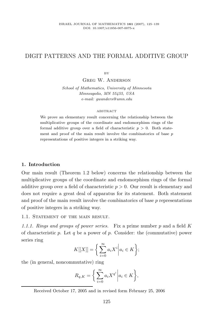 Digit patterns and the formal additive group by Unknown