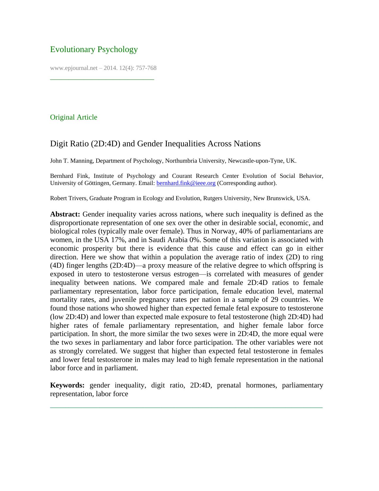 Digit ratio (2D:4D) and gender inequalities across nations by John T. Manning & Bernhard Fink & Robert Trivers