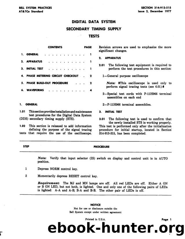 Digital Data System Secondary Timing Supply Tests by AT&&T |