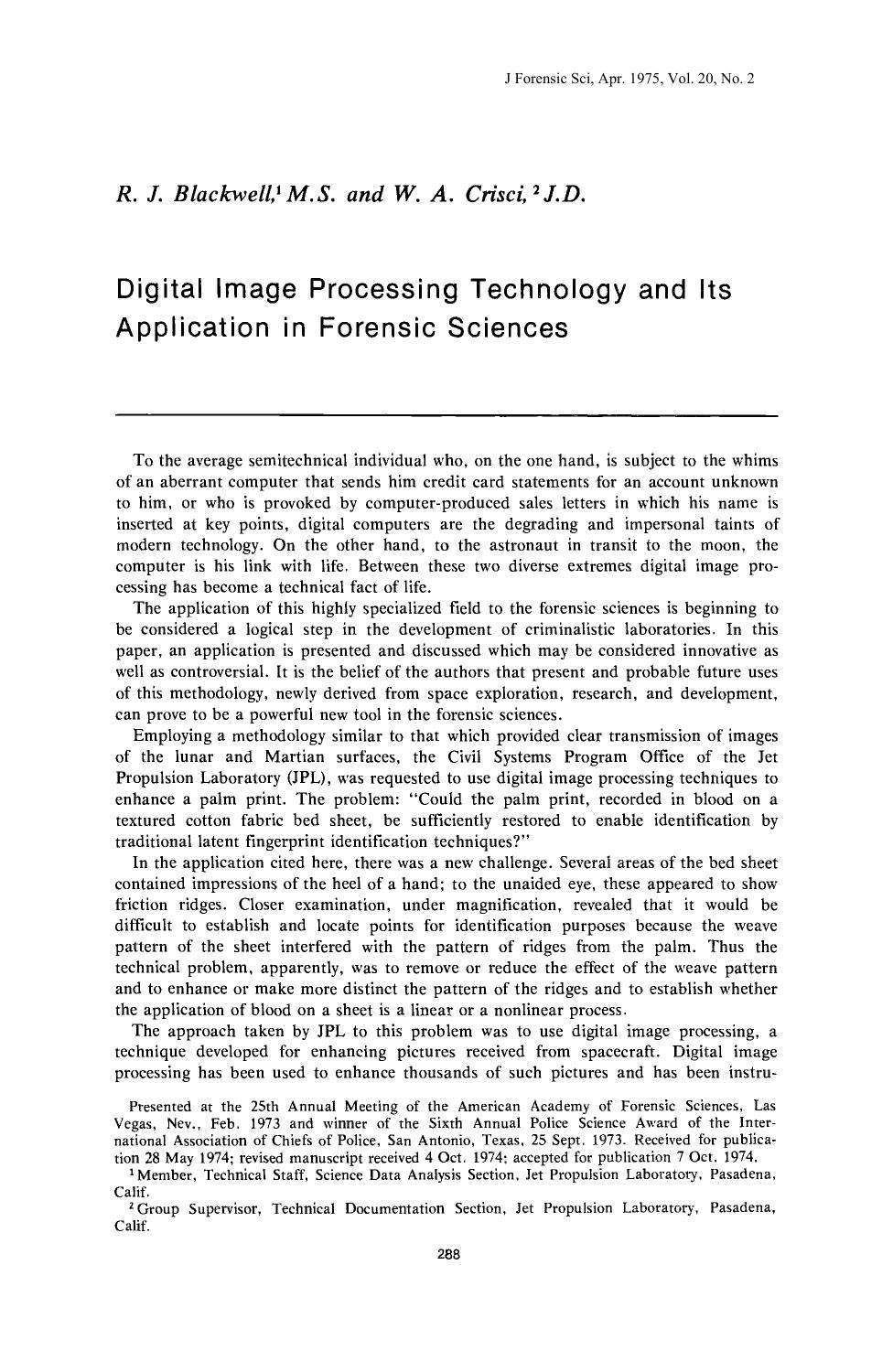 Digital Image Processing Technology and Its Application in Forensic Sciences by Blackwell RJ Crisci WA