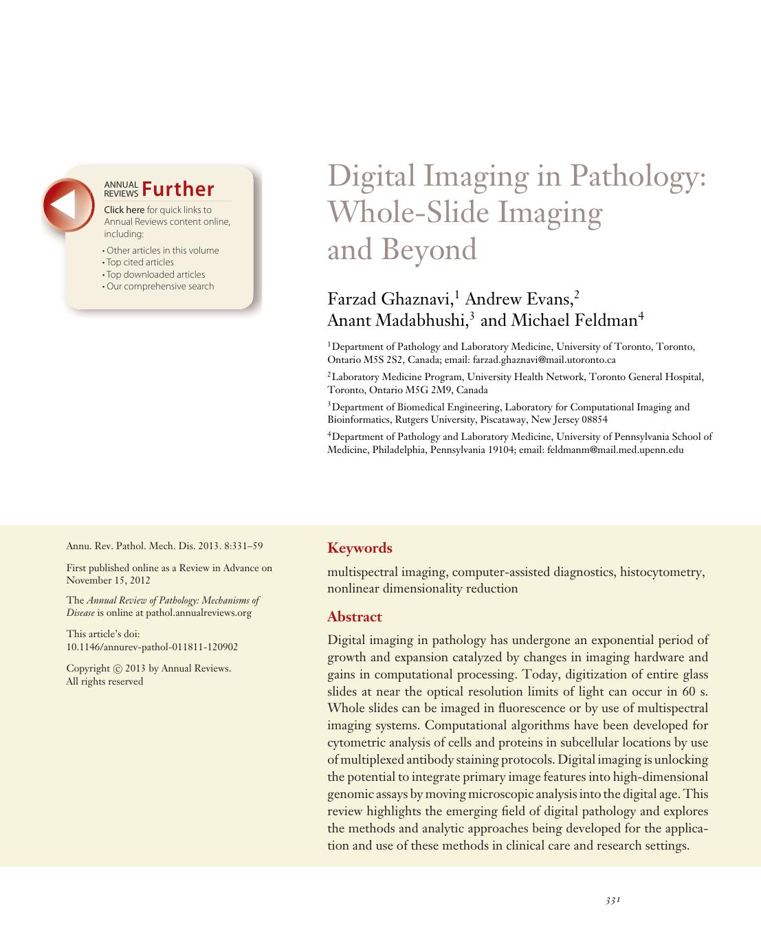 Digital Imaging in Pathology: Whole-Slide Imaging and Beyond by Farzad Ghaznavi Andrew Evans Anant Madabhushi Michael Feldman