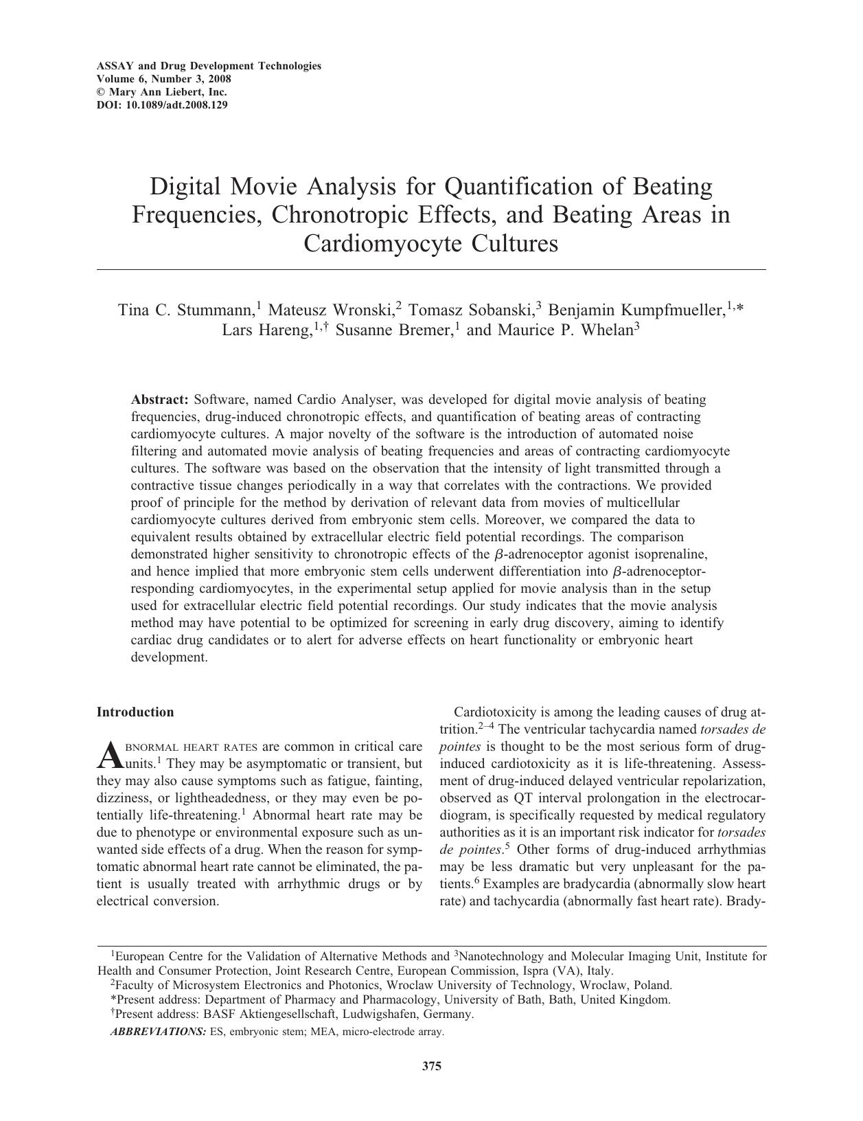 Digital Movie Analysis for Quantification of Beating Frequencies, Chronotropic Effects, and Beating Areas in Cardiomyocyte Cultures by unknow