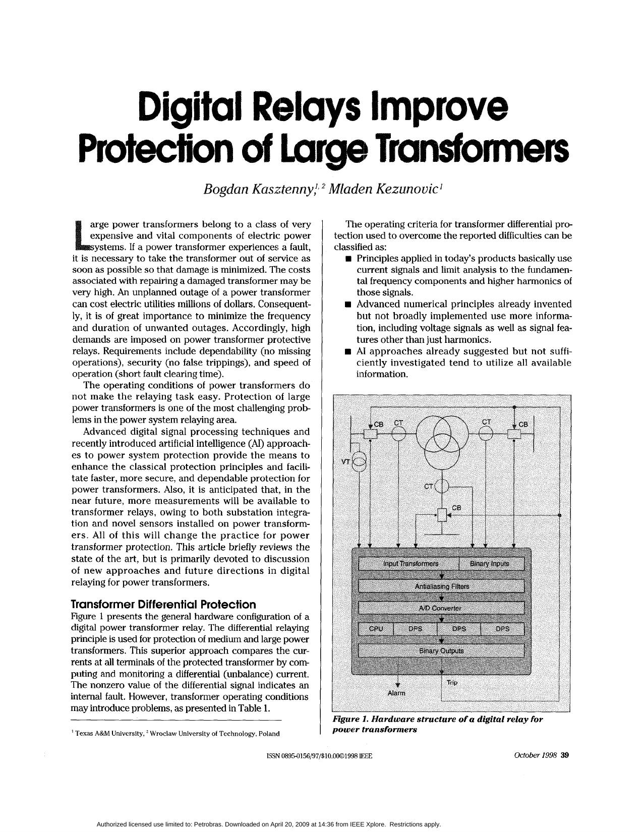 Digital Relays Improve Protection of Large Transformers - IEEE Computer Applications in Power by IEEE
