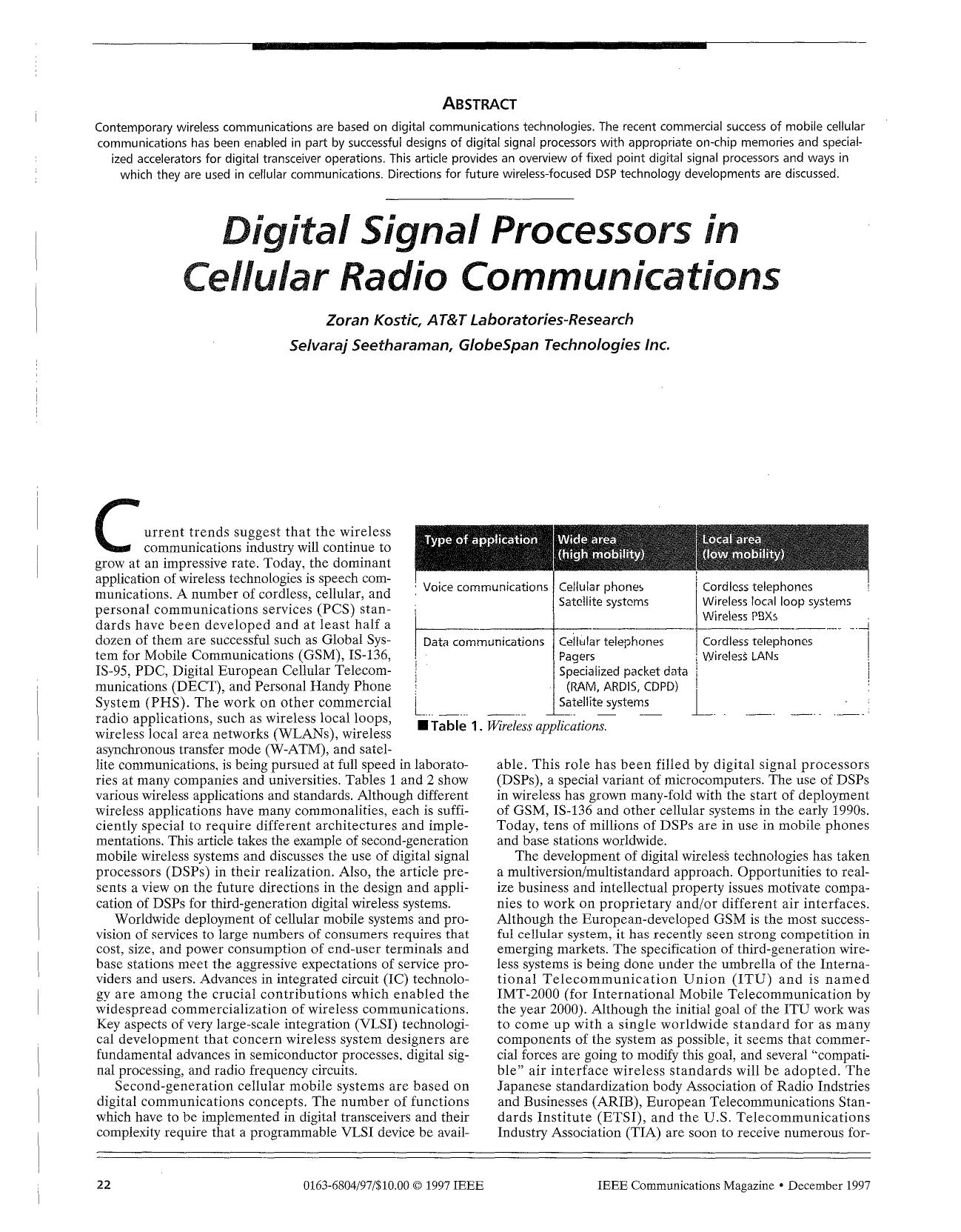 Digital Signal Processors In Cellular Radio Communications - IEEE Communications Magazine by IEEE