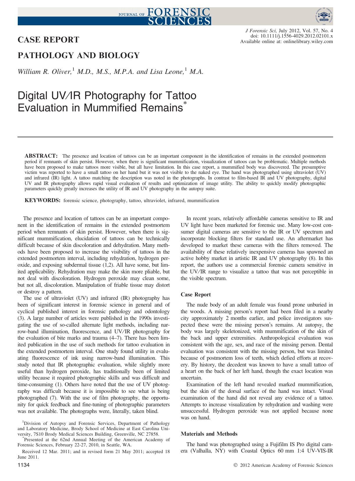 Digital UVIR Photography for Tattoo Evaluation in Mummified Remains by Unknown