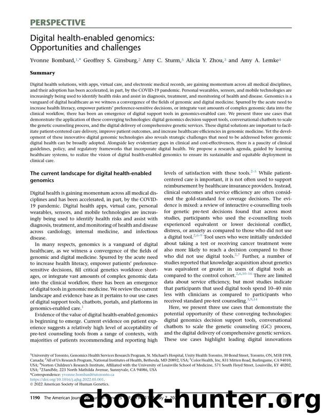 Digital health-enabled genomics: Opportunities and challenges by Yvonne Bombard & Geoffrey S. Ginsburg & Amy C. Sturm & Alicia Y. Zhou & Amy A. Lemke