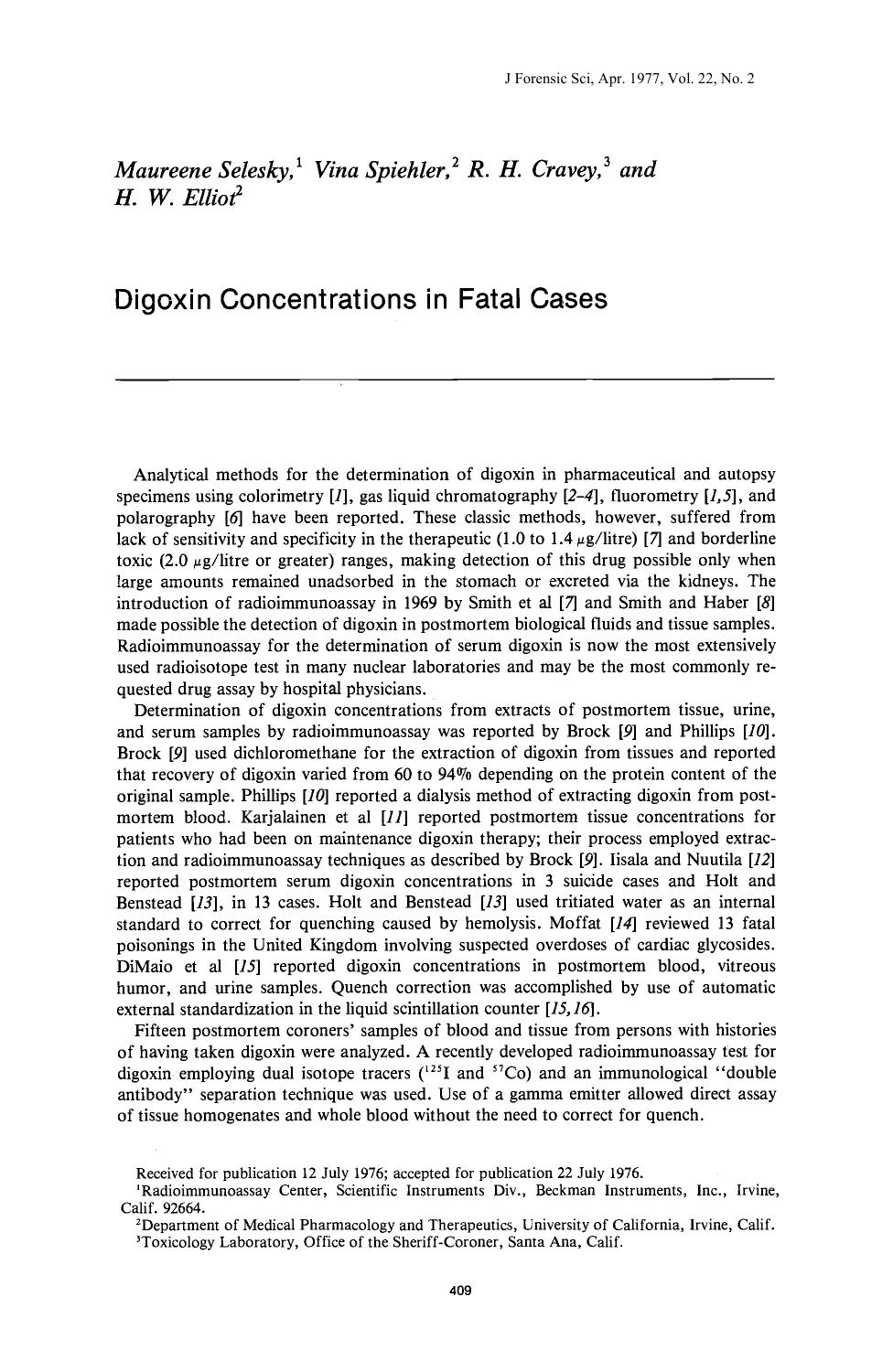 Digoxin Concentrations in Fatal Cases by Selesky M Spiehler V Cravey RH Elliot HW