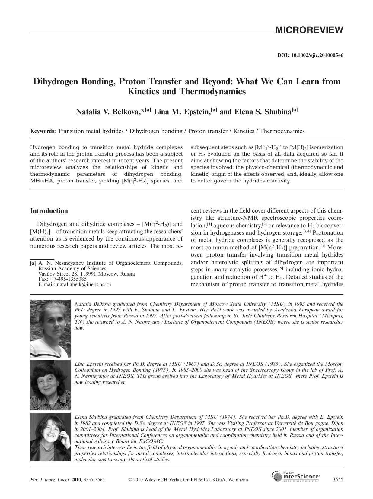 Dihydrogen Bonding, Proton Transfer and Beyond: What We Can Learn from Kinetics and Thermodynamics by Unknown