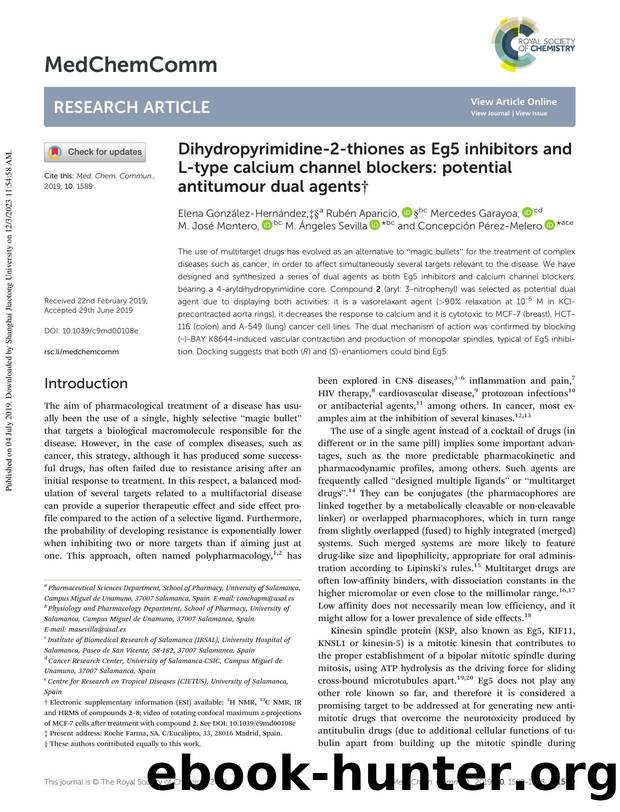 Dihydropyrimidine-2-thiones as Eg5 inhibitors and L-type calcium channel blockers: potential antitumour dual agents by unknow