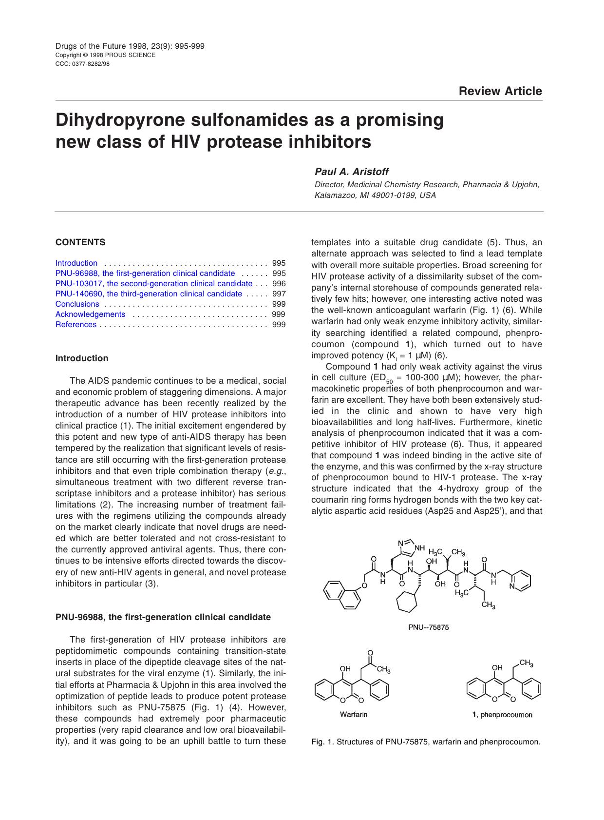 Dihydropyrone sulfonamides as a promising new class of HIV protease inhibitors by Prous Science (c) 1998