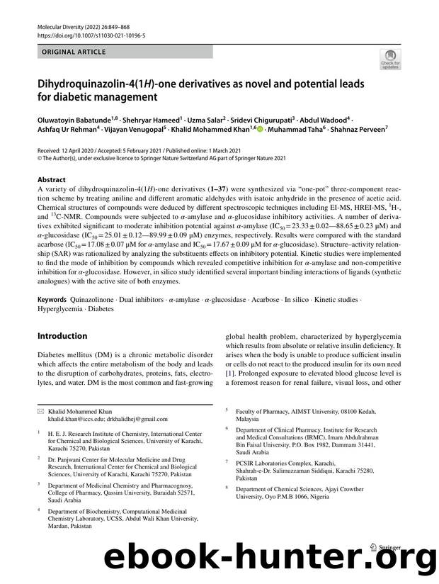 Dihydroquinazolin-4(1H)-one derivatives as novel and potential leads for diabetic management by unknow
