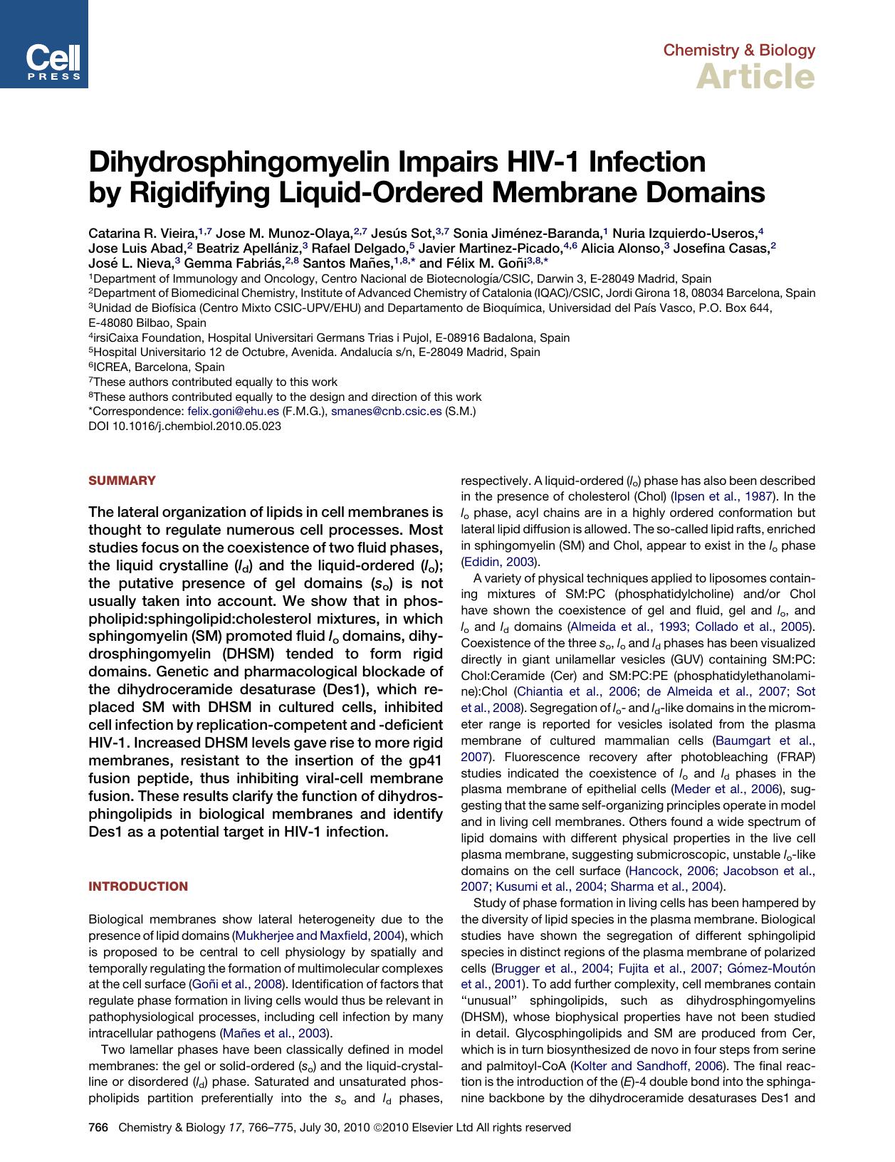 Dihydrosphingomyelin Impairs HIV-1 Infection by Rigidifying Liquid-Ordered Membrane Domains by unknow