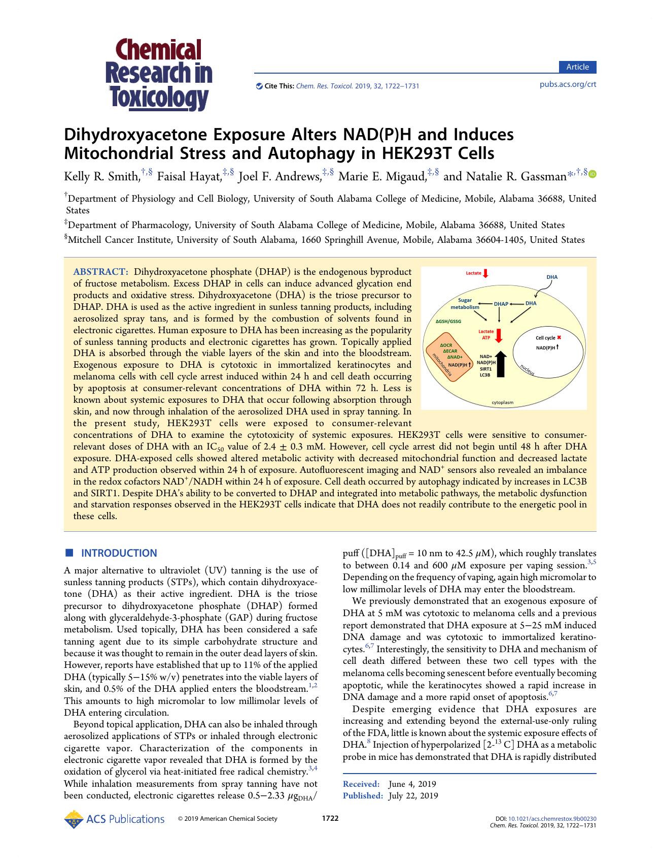 Dihydroxyacetone Exposure Alters NAD(P)H and Induces Mitochondrial Stress and Autophagy in HEK293T Cells by Kelly R. Smith Faisal Hayat Joel F. Andrews Marie E. Migaud and Natalie R. Gassman