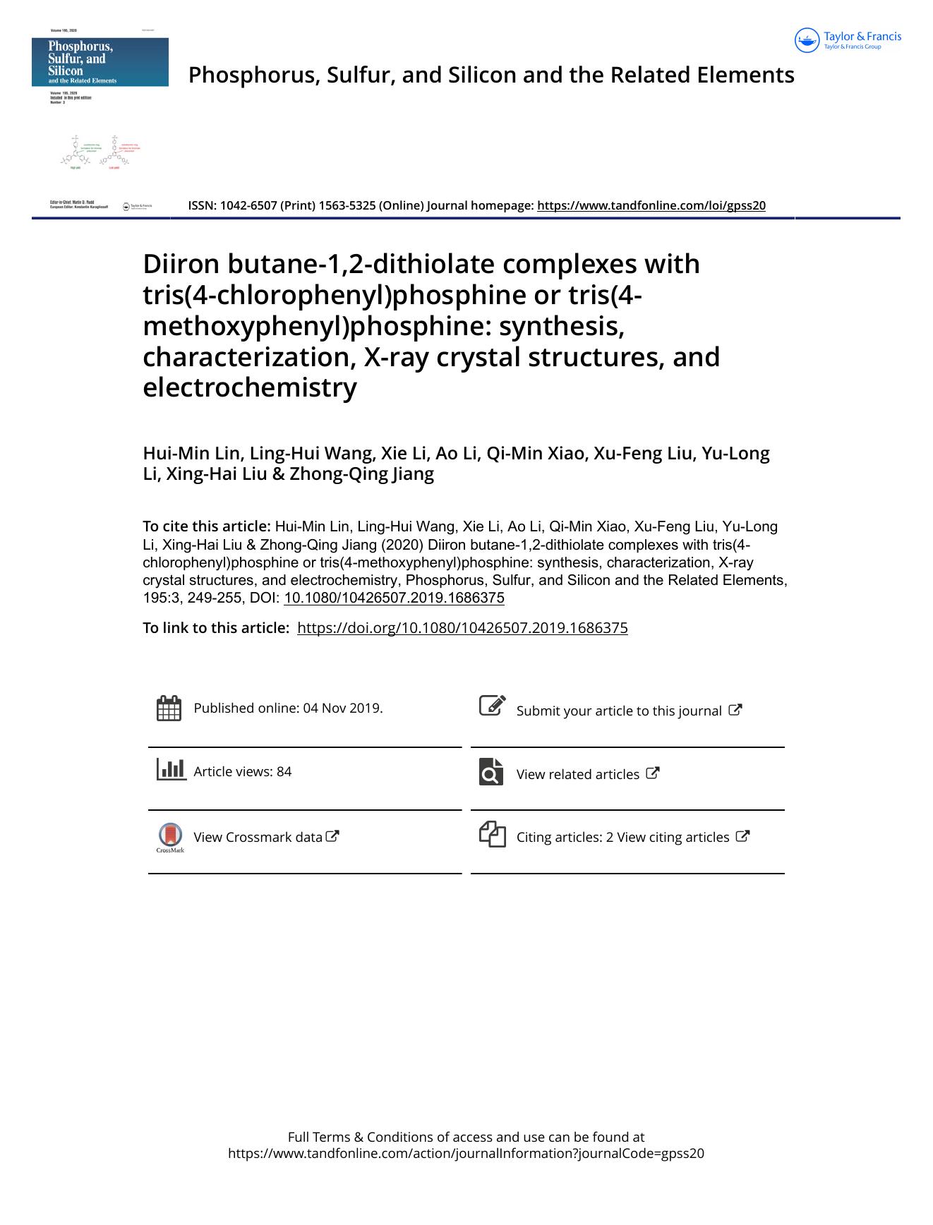 Diiron butane-1,2-dithiolate complexes with tris(4-chlorophenyl)phosphine or tris(4-methoxyphenyl)phosphine: synthesis, characterization, X-ray crystal structures, and electrochemistry by unknow