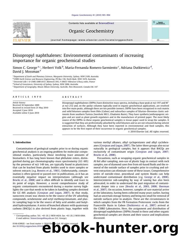 Diisopropyl naphthalenes: Environmental contaminants of increasing importance for organic geochemical studies by Simon C. George