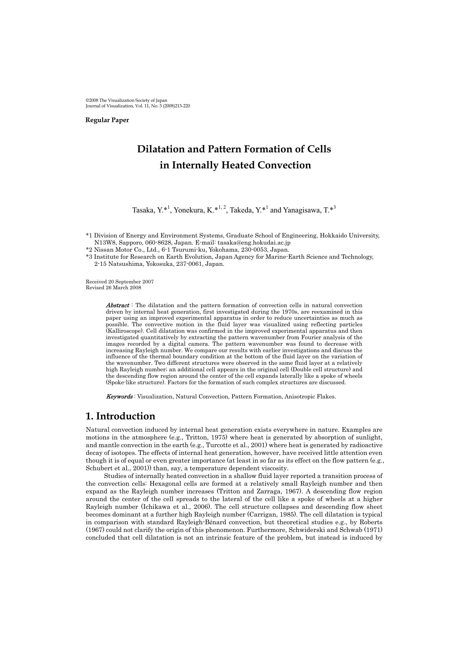 Dilatation and pattern formation of cells in internally heated convection by Unknown