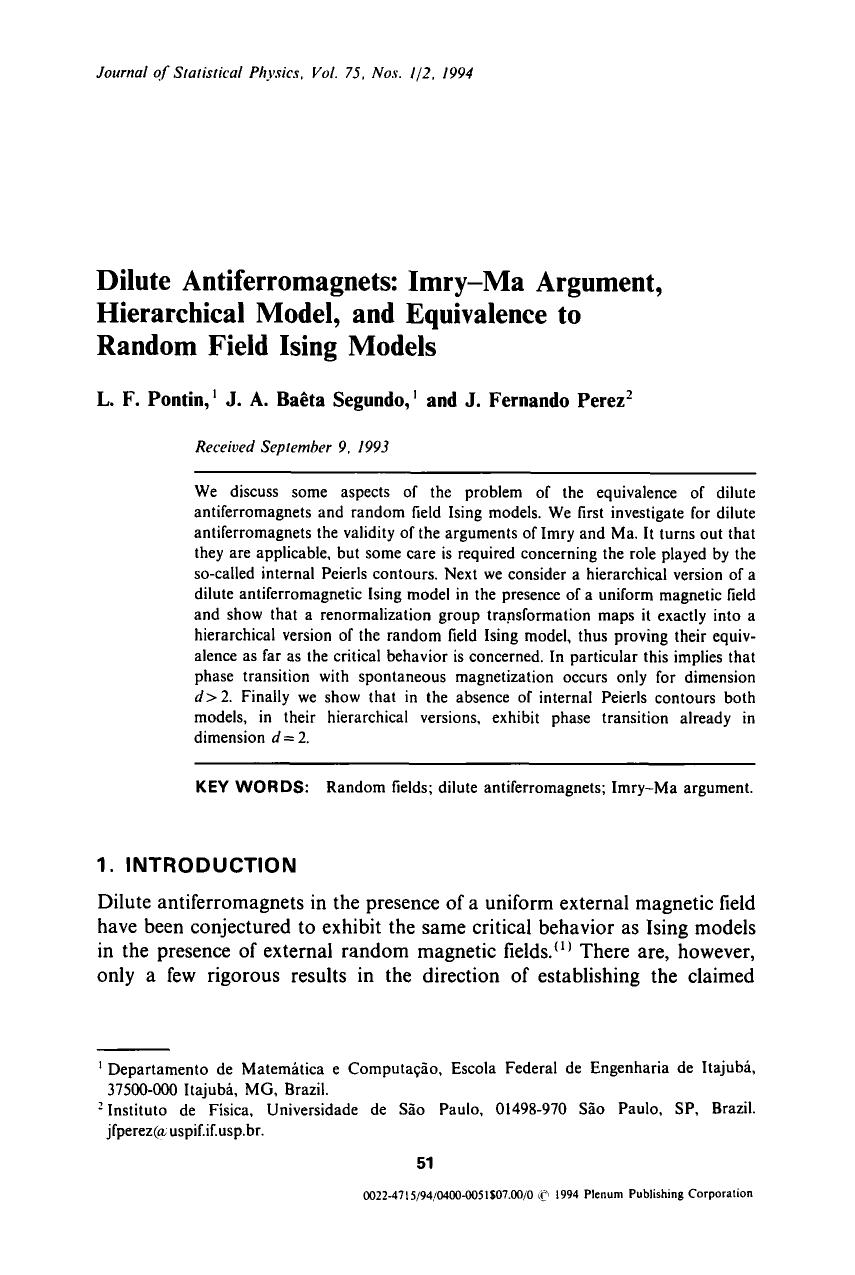 Dilute antiferromagnets: Imry-Ma argument, hierarchical model, and equivalence to random field Ising models by Unknown