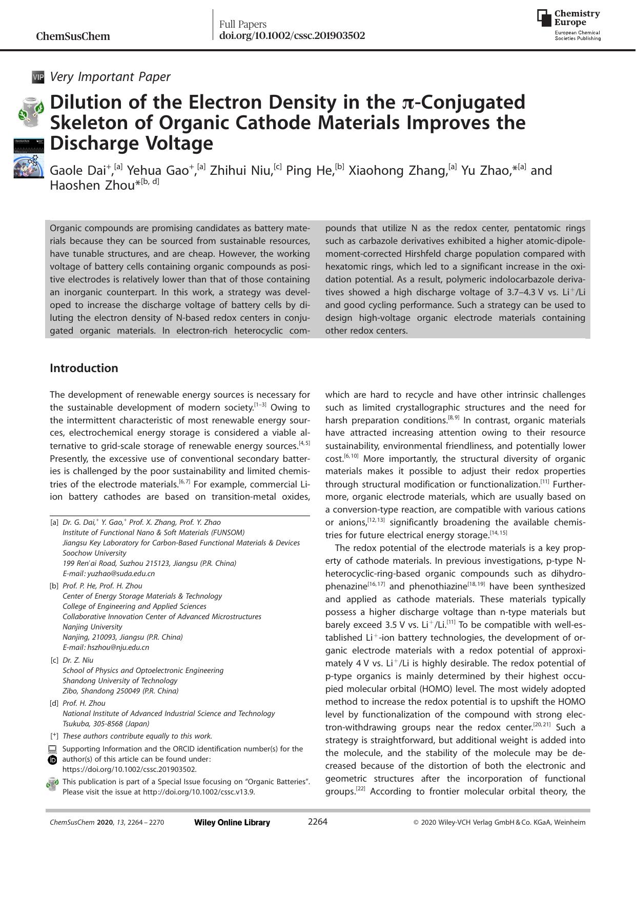 Dilution of the Electron Density in the ÏâConjugated Skeleton of Organic Cathode Materials Improves the Discharge Voltage by Unknown