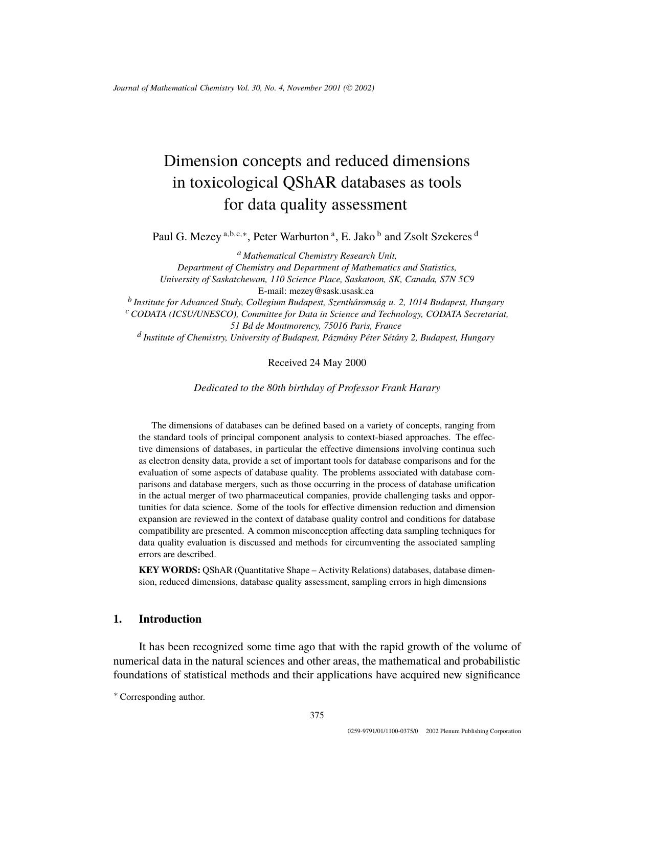 Dimension Concepts and Reduced Dimensions in Toxicological QShAR Databases as Tools for Data Quality Assessment by Unknown