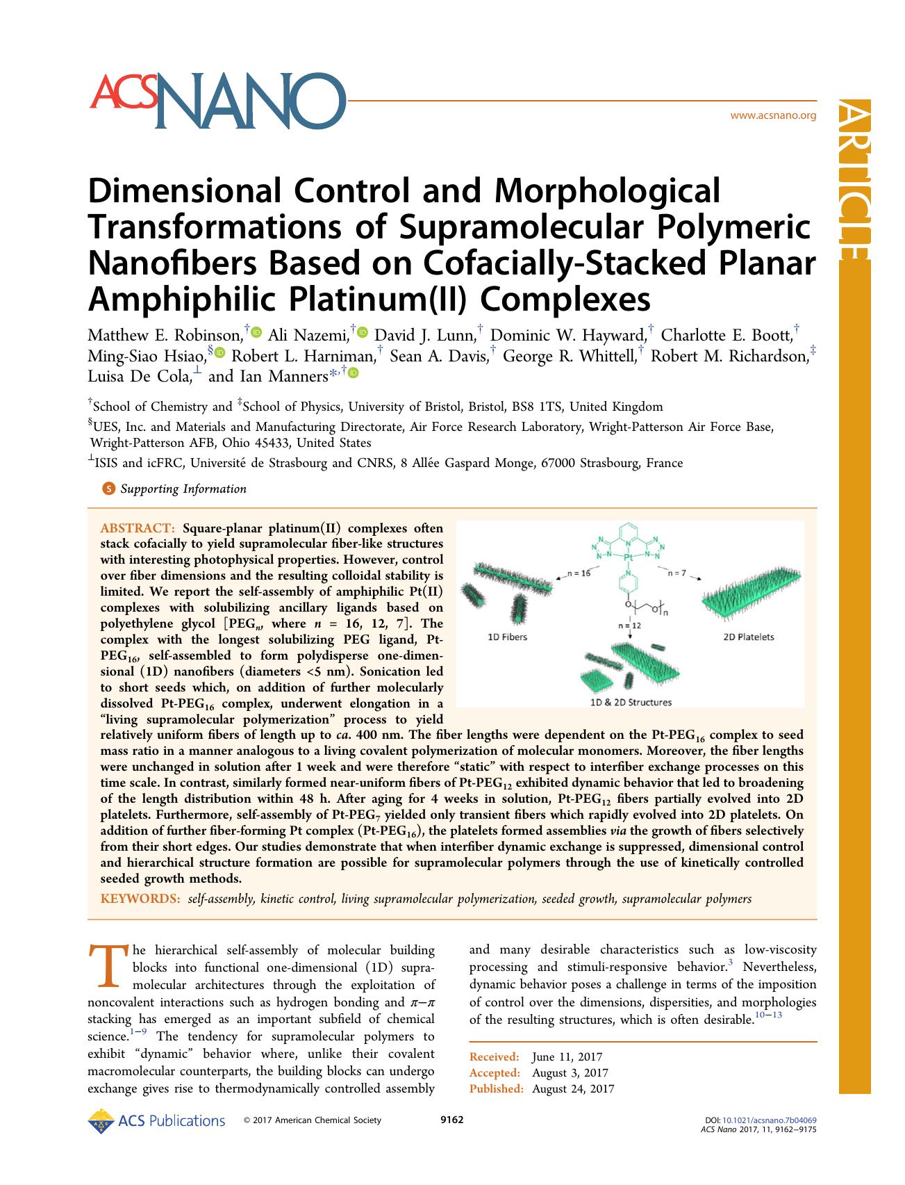 Dimensional Control and Morphological Transformations of Supramolecular Polymeric Nanofibers Based on Cofacially-Stacked Planar Amphiphilic Platinum(II) Complexes by unknow