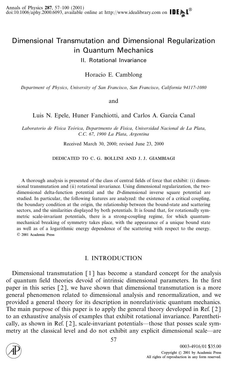 Dimensional Transmutation and Dimensional Regularization in Quantum Mechanics: II Rotational Invariance by Camblong H. E. et al