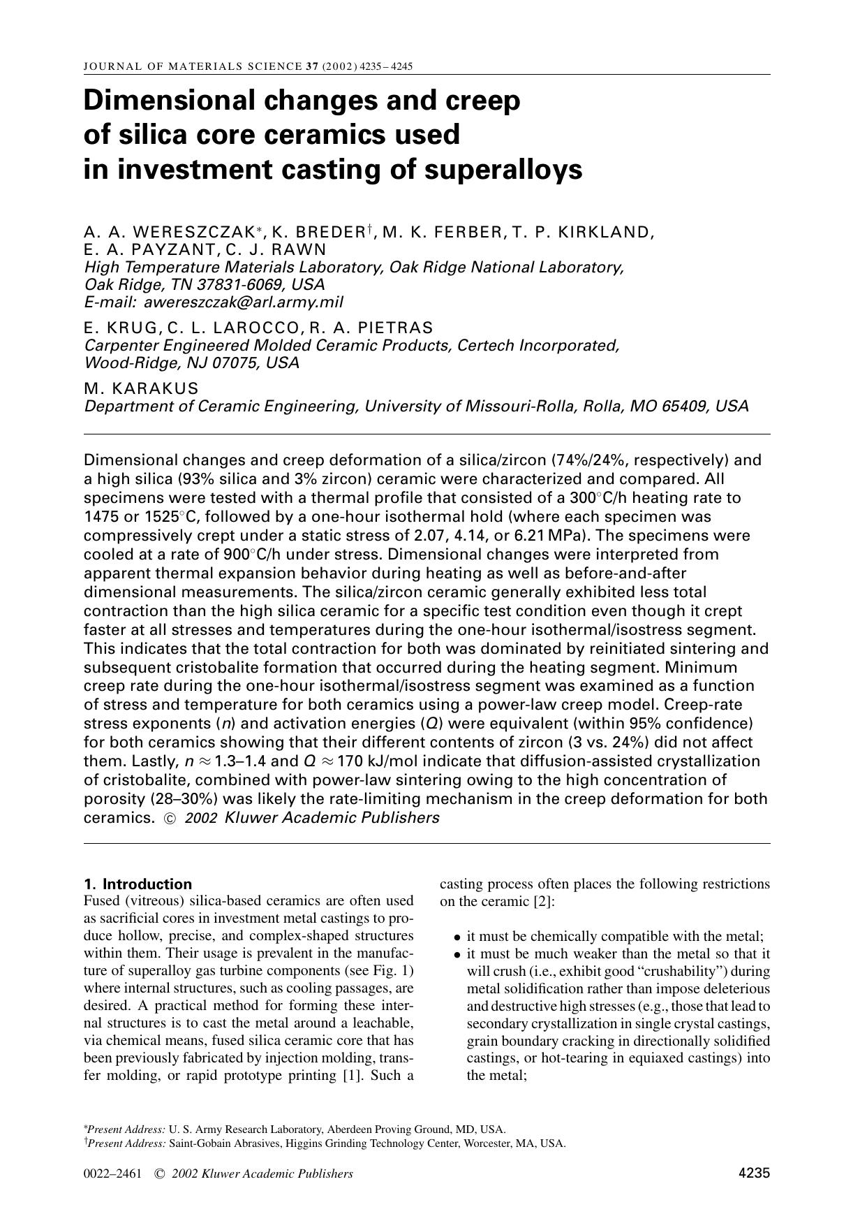 Dimensional changes and creep of silica core ceramics used in investment casting of superalloys by Unknown