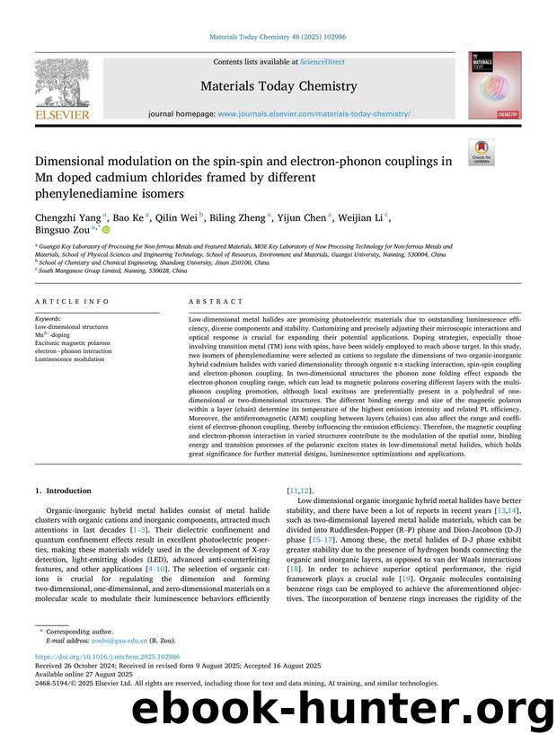 Dimensional modulation on the spin-spin and electron-phonon couplings in Mn doped cadmium chlorides framed by different phenylenediamine isomers by Chengzhi Yang