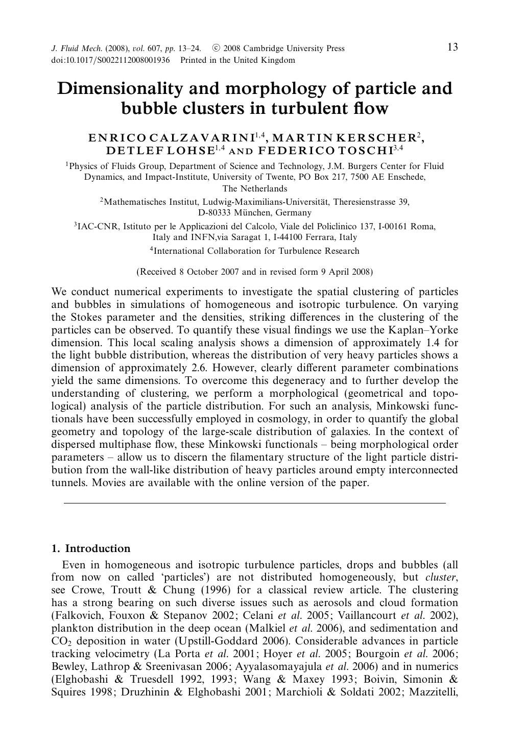Dimensionality and morphology of particle and bubble clusters in turbulent flow by ENRICO CALZAVARINI MARTIN KERSCHER DETLEF LOHSE & FEDERICO TOSCHI