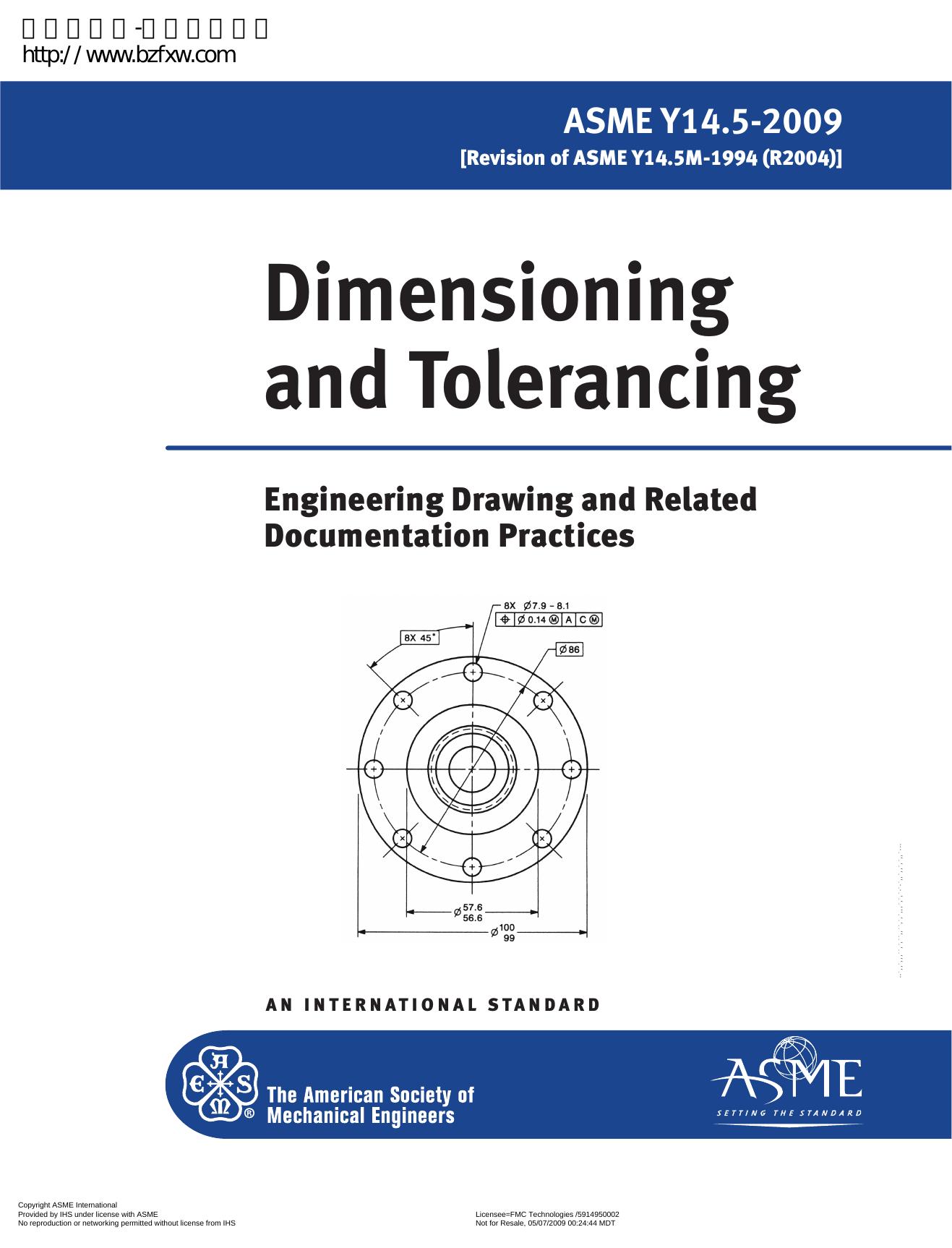 Dimensioning and tolerancing: engineering drawings and related documentation practices : an international standard by American Society of Mechanical Engineers