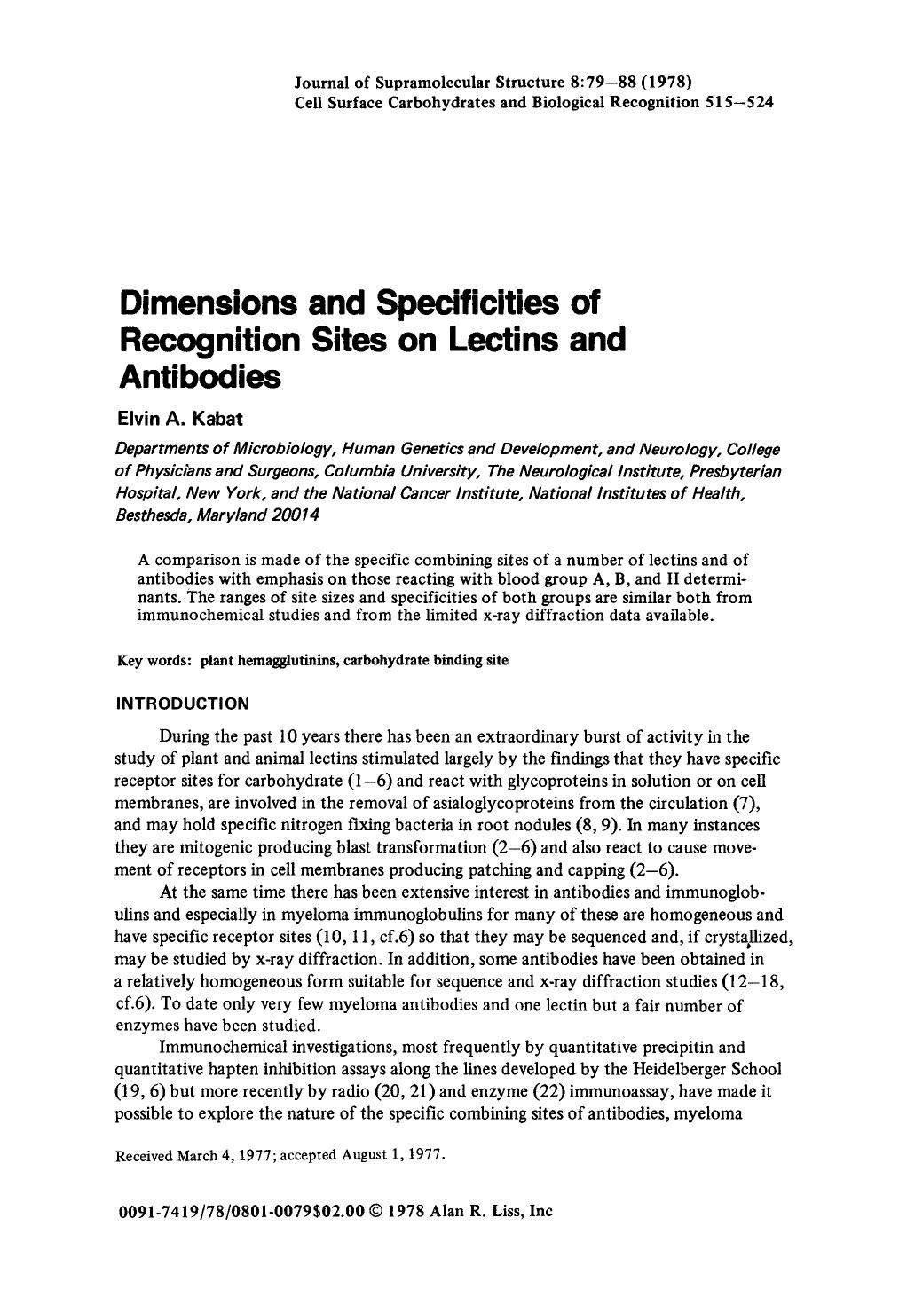 Dimensions and specificities of recognition sites on lectins and antibodies by Unknown
