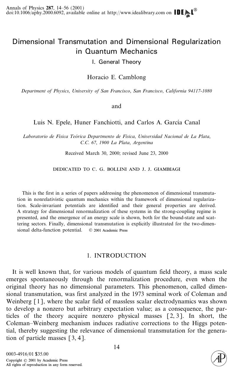 Dimensonal Transmutation and Dimensional Regularization in Quantum Mechanics: I. General Theory by Camblong H. E. et al