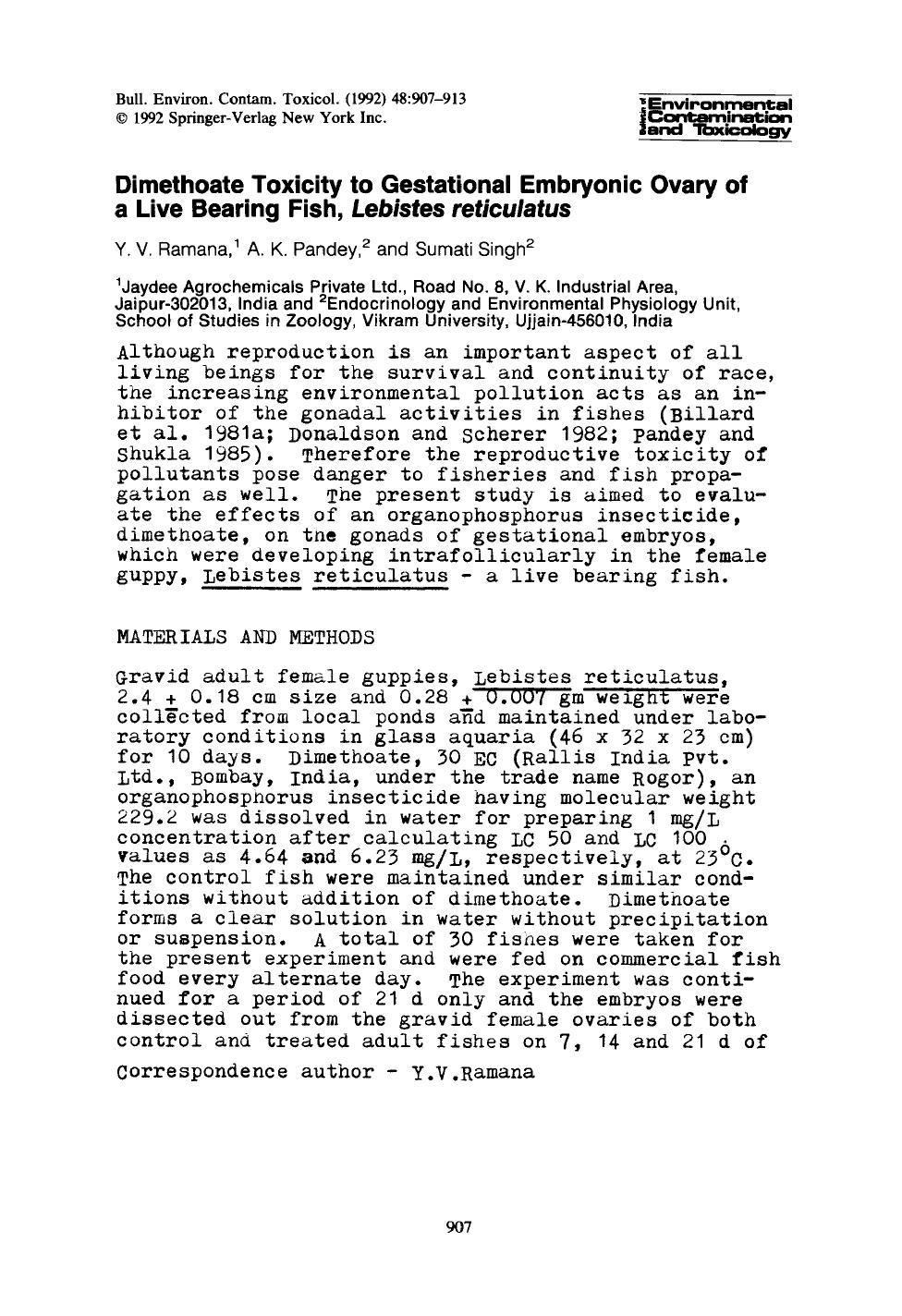 Dimethoate toxicity to gestational embryonic ovary of a live bearing fish, <Emphasis Type="Italic">Lebistes reticulatus <Emphasis> by Unknown