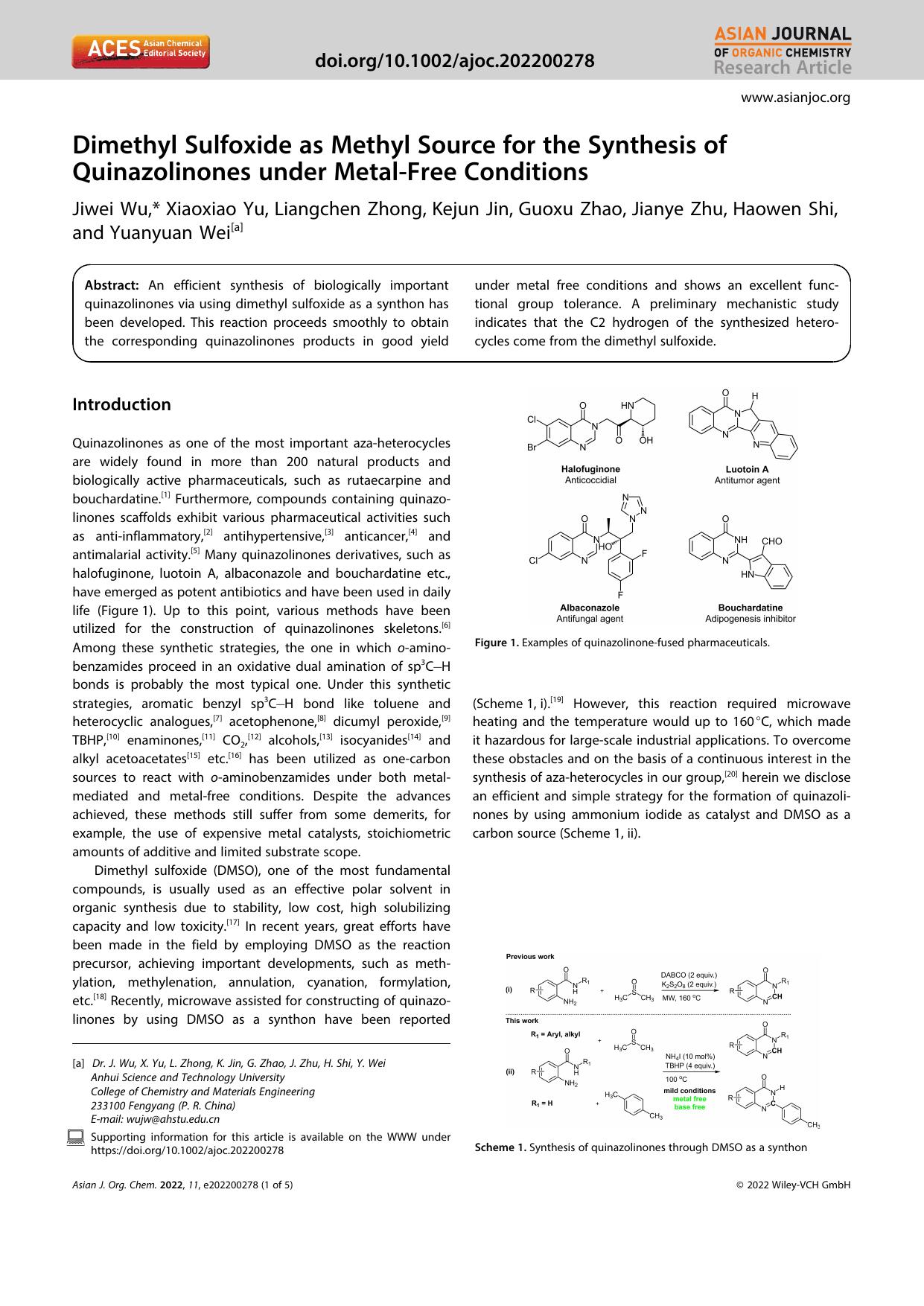 Dimethyl Sulfoxide as Methyl Source for the Synthesis of Quinazolinones under MetalâFree Conditions by Unknown