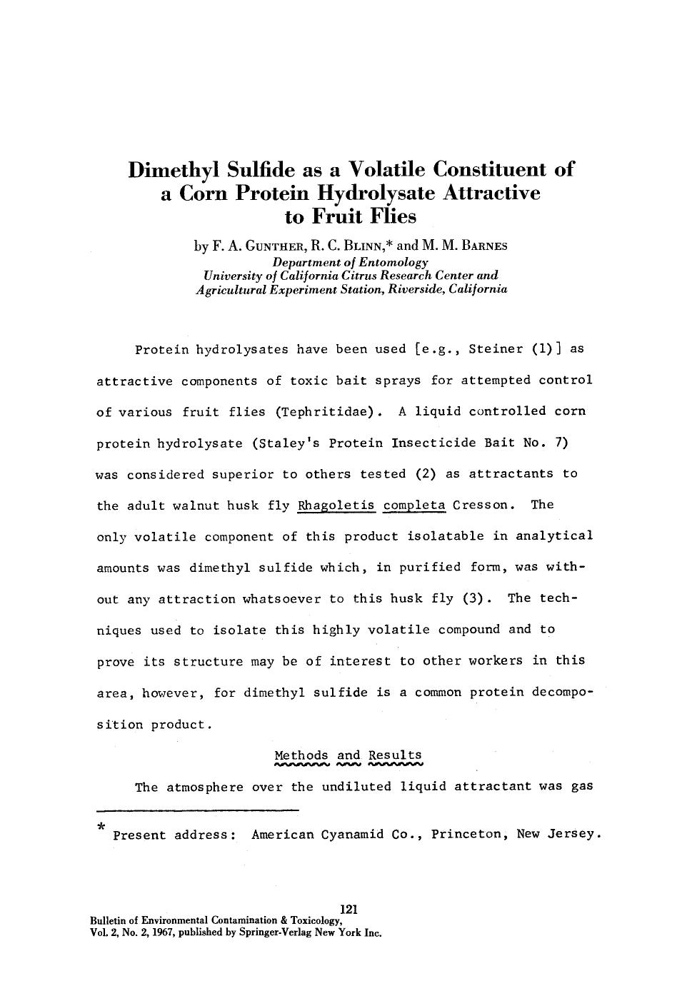 Dimethyl sulfide as a volatile constituent of a corn protein hydrolysate attractive to fruit flies by Unknown