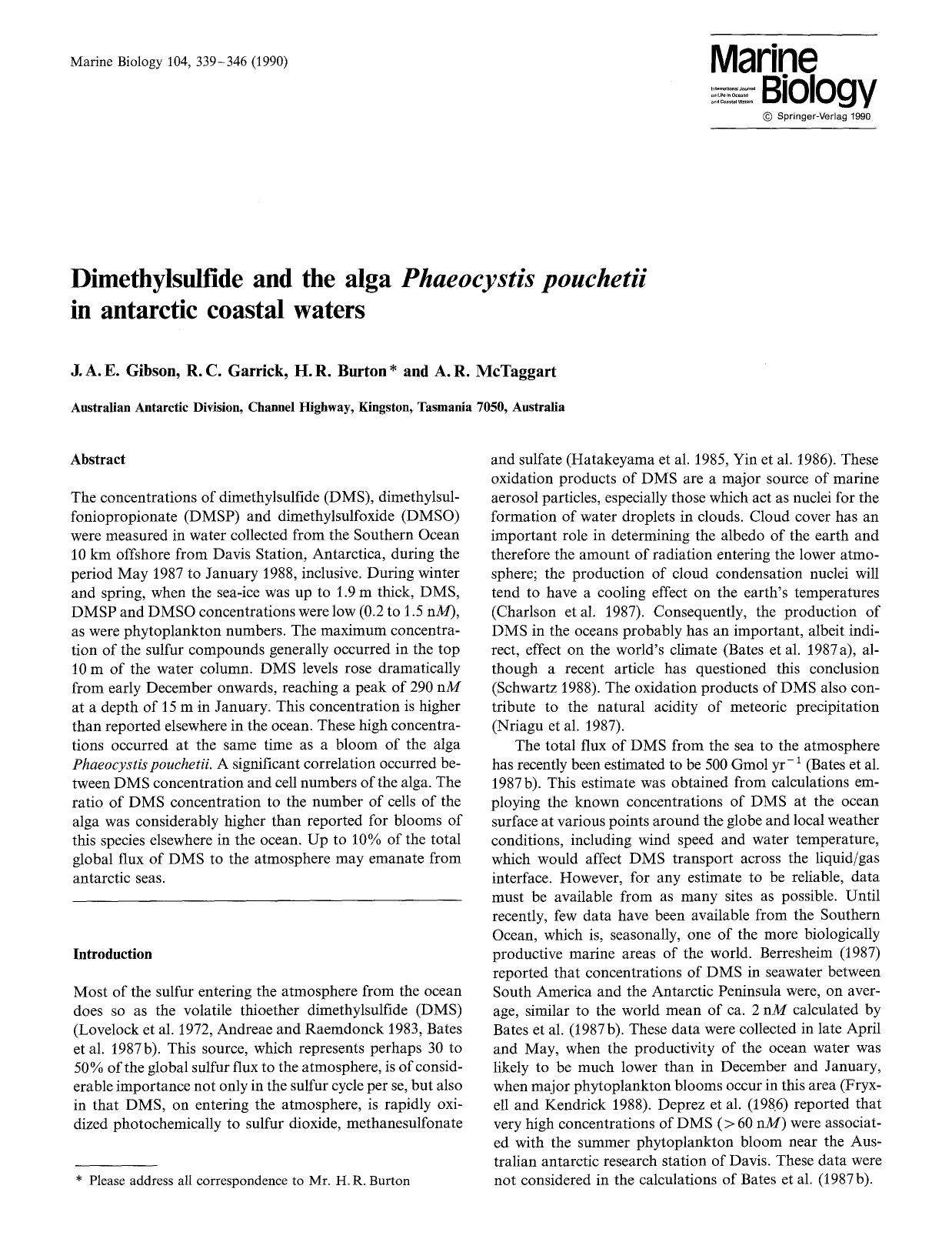 Dimethylsulfide and the alga <Emphasis Type="Italic">Phaeocystis pouchetii <Emphasis> in antarctic coastal waters by Unknown