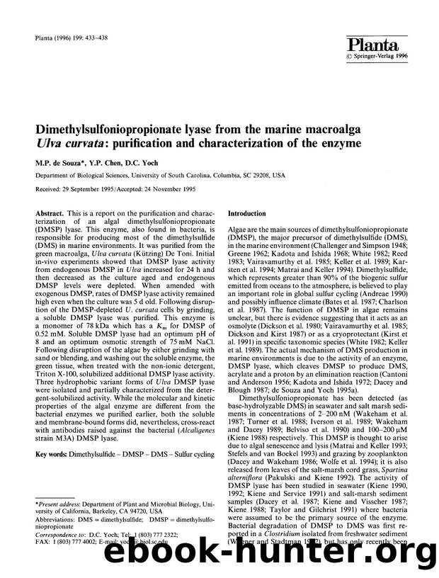 Dimethylsulfoniopropionate lyase from the marine macroalga <Emphasis Type="Italic">Ulva curvata<Emphasis>: purification and characterization of the enzyme by Unknown