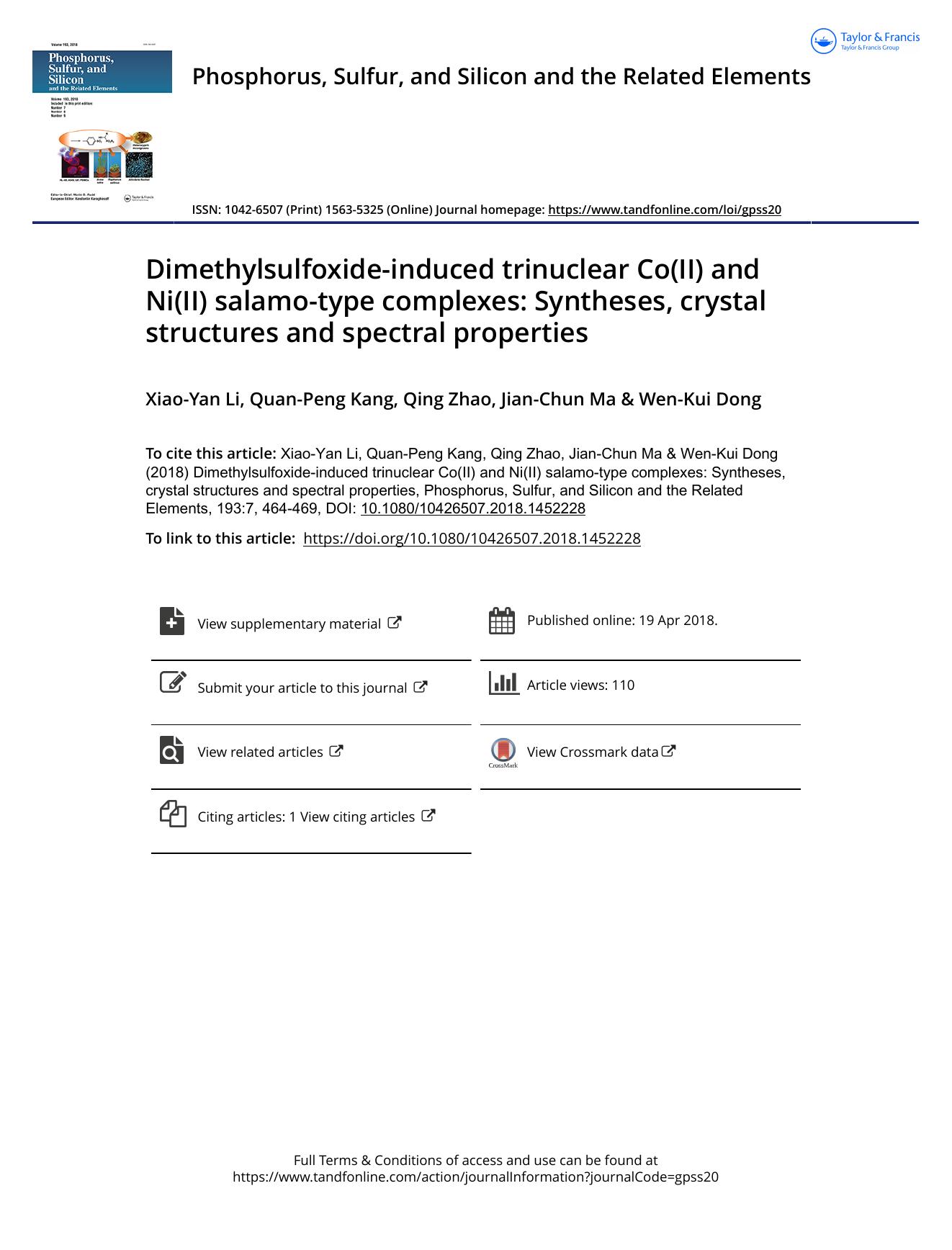 Dimethylsulfoxide-induced trinuclear Co(II) and Ni(II) salamo-type complexes: Syntheses, crystal structures and spectral properties by Xiao-Yan Li