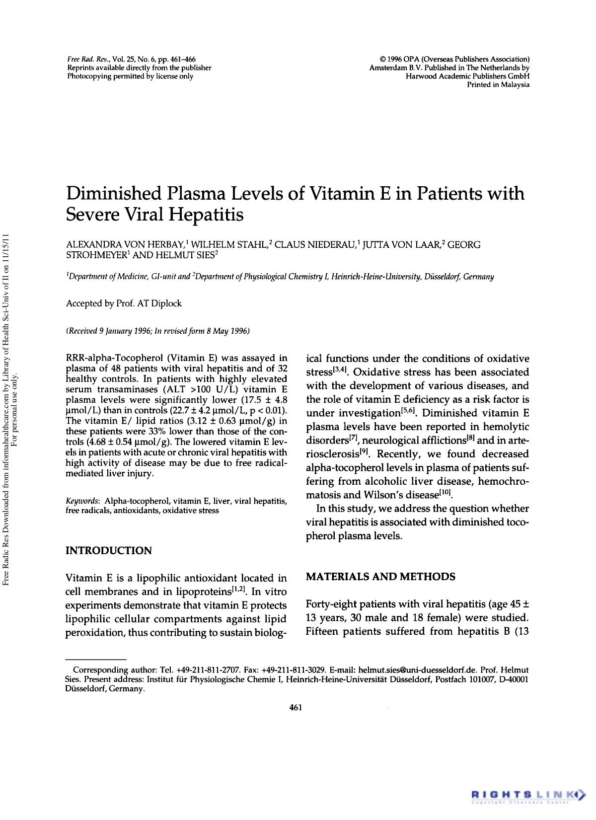 Diminished Plasma Levels of Vitamin E in Patients with Severe Viral Hepatitis by unknow