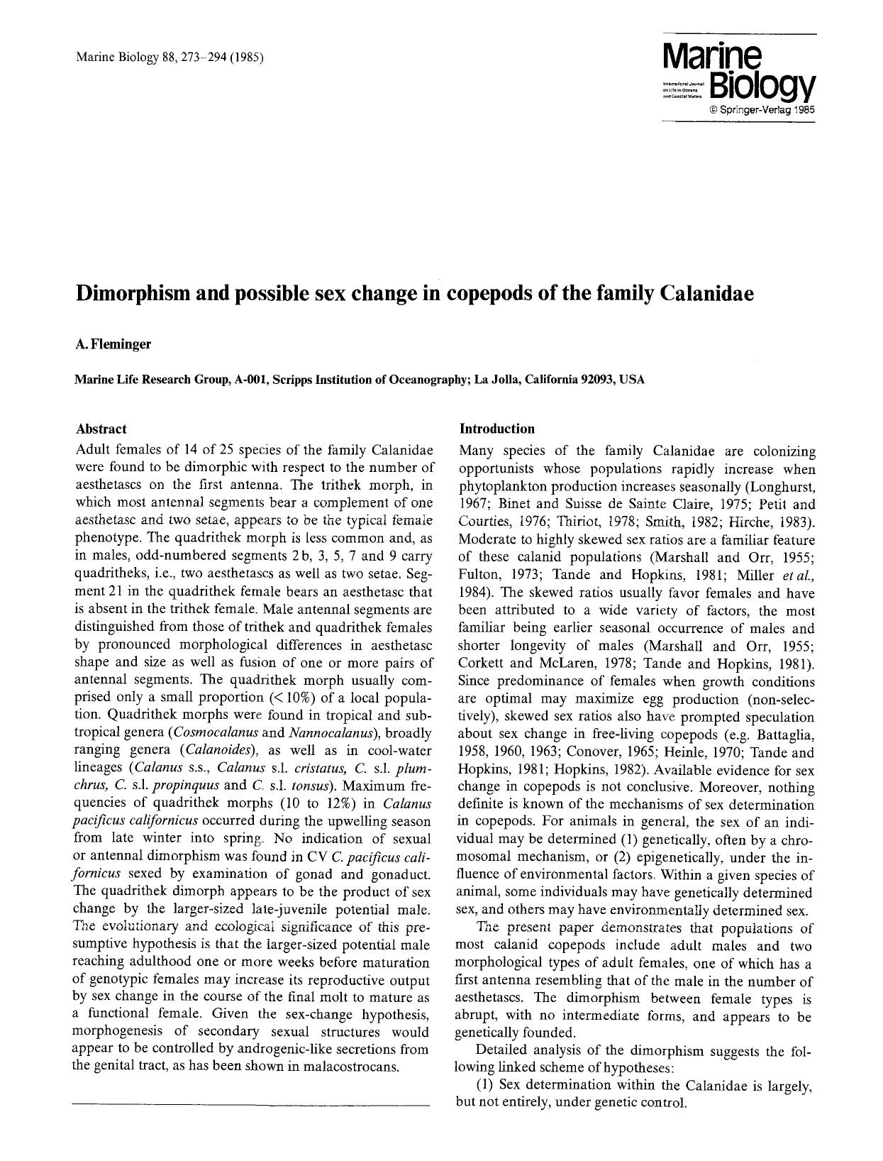 Dimorphism and possible sex change in copepods of the family Calanidae by Unknown