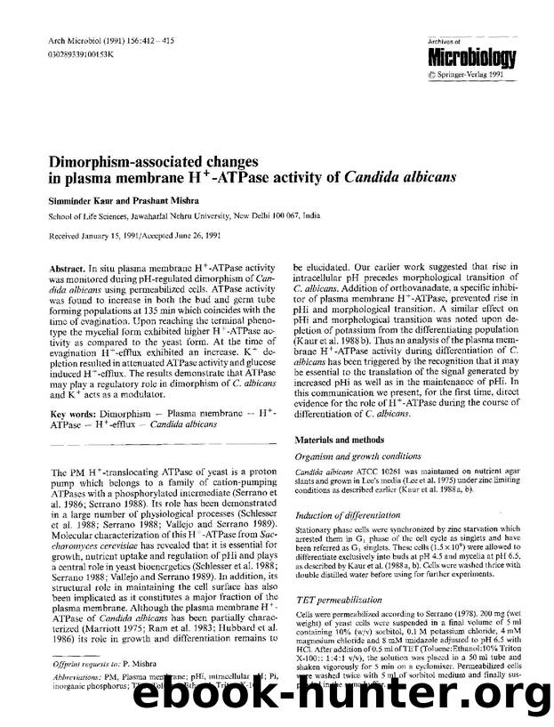 Dimorphism-associated changes in plasma membrane H<Superscript>&#x002B;<Superscript>-ATPase activity of <Emphasis Type="Italic">Candida albicans<Emphasis> by Unknown