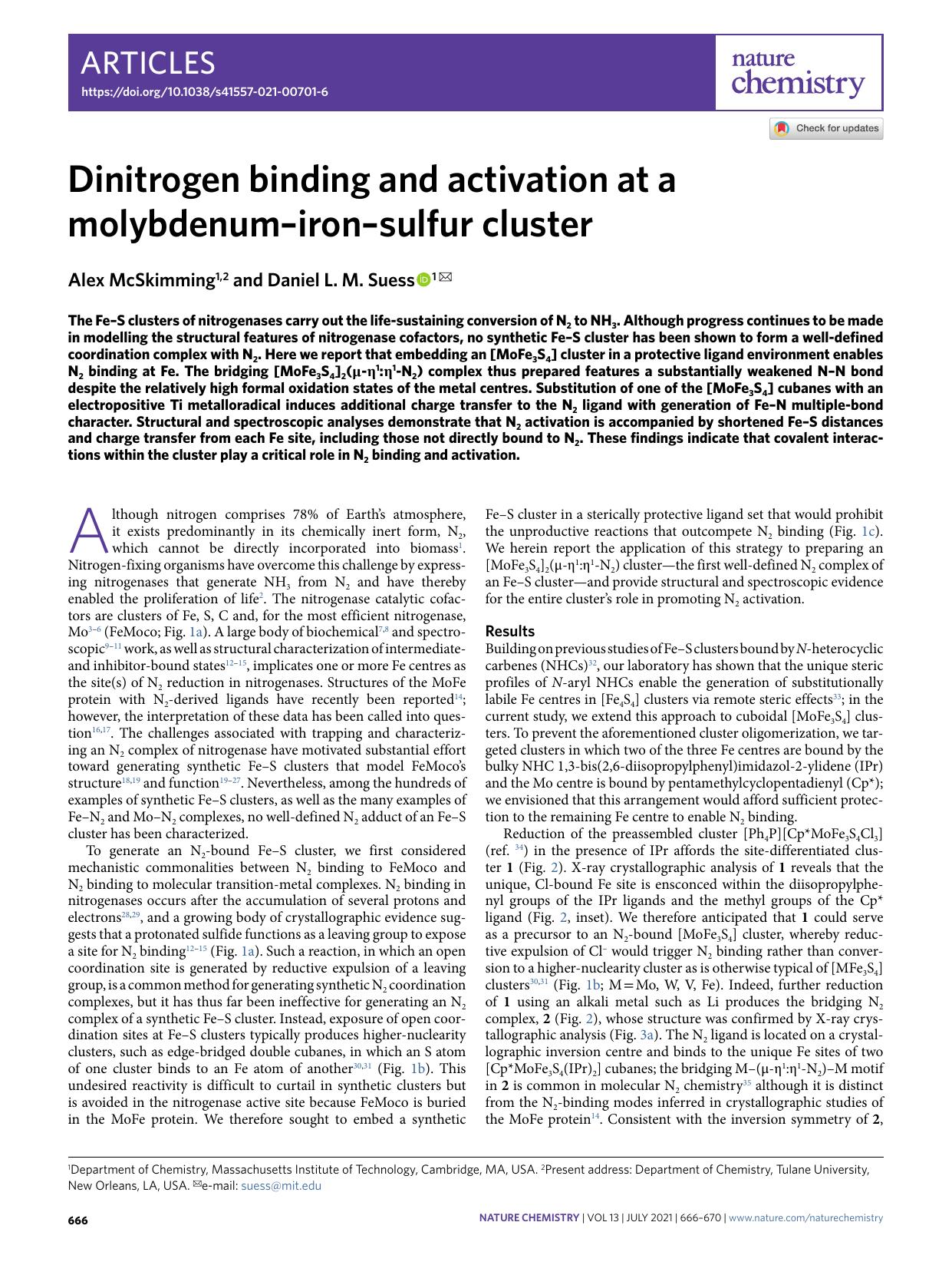 Dinitrogen binding and activation at a molybdenumâironâsulfur cluster by Alex McSkimming & Daniel L. M. Suess