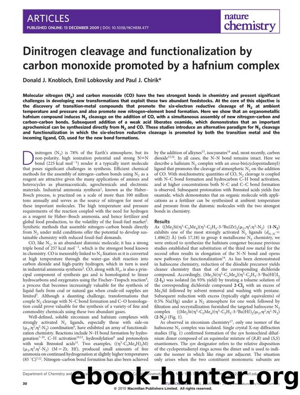 Dinitrogen cleavage and functionalization by carbon monoxide promoted by a hafnium complex by Donald J. Knobloch & Emil Lobkovsky & Paul J. Chirik