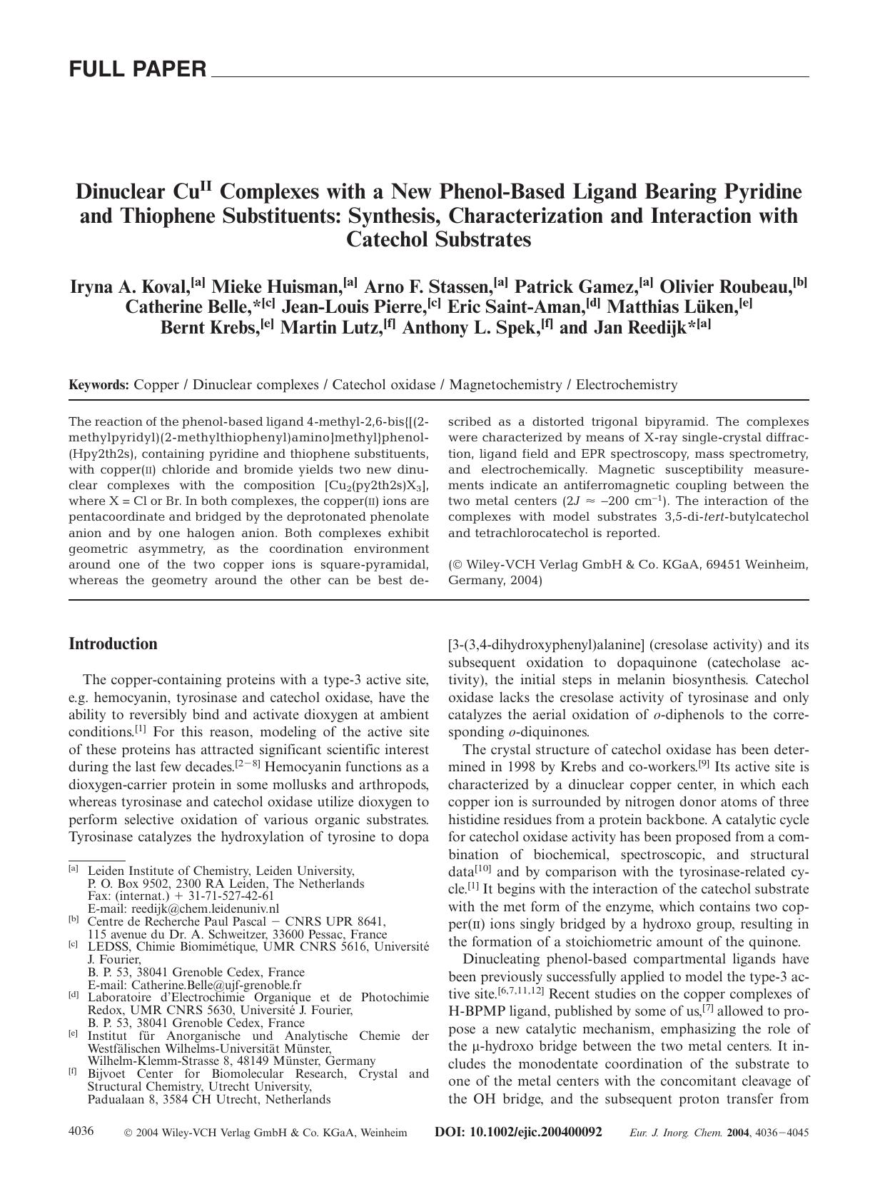 Dinuclear CuII Complexes with a New Phenol-Based Ligand Bearing Pyridine and Thiophene Substituents: Synthesis, Characterization and Interaction with Catechol Substrates by Unknown