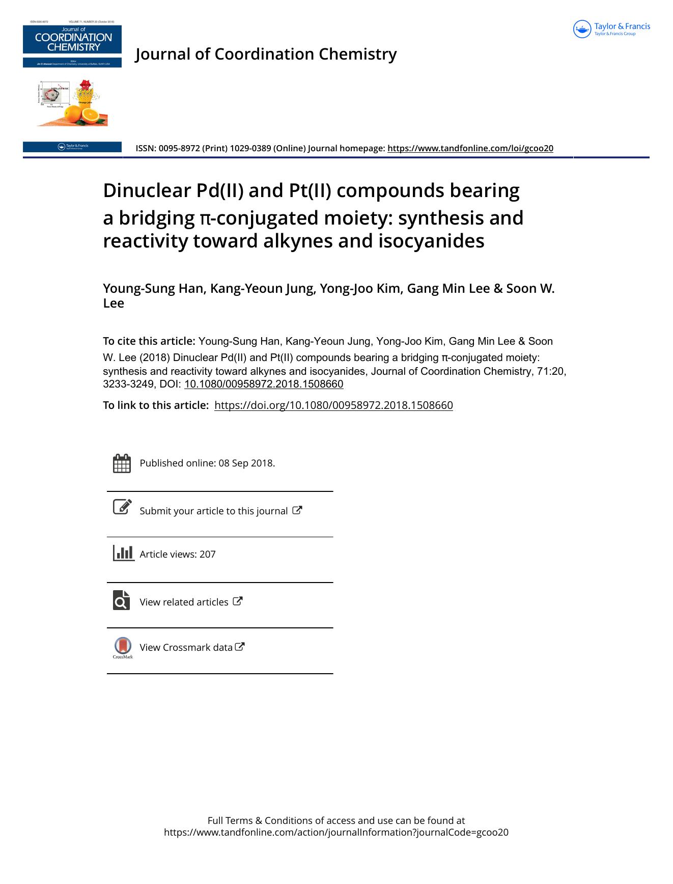 Dinuclear Pd(II) and Pt(II) compounds bearing a bridging Ï-conjugated moiety: synthesis and reactivity toward alkynes and isocyanides by Han Young-Sung & Jung Kang-Yeoun & Kim Yong-Joo & Lee Gang Min & Lee Soon W